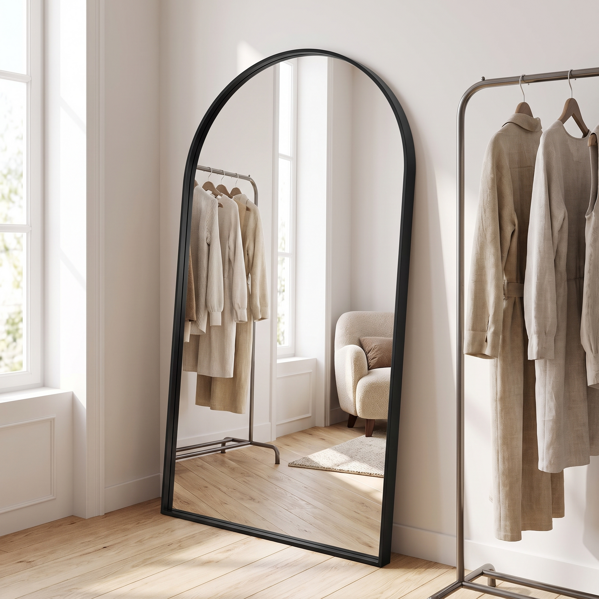 Black arched bracket mirror, dressing room angle