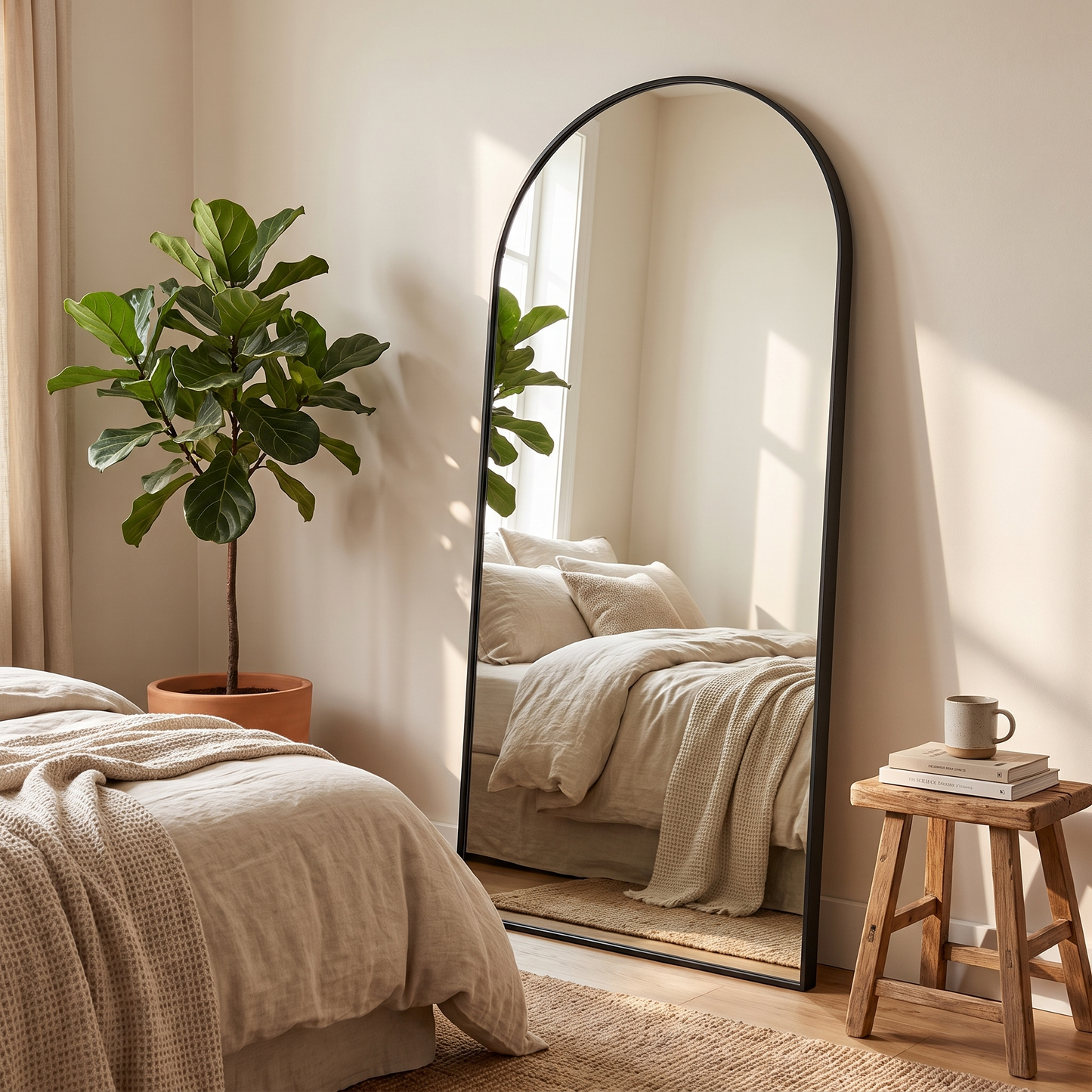 Black arched bracket mirror, wider bedroom view