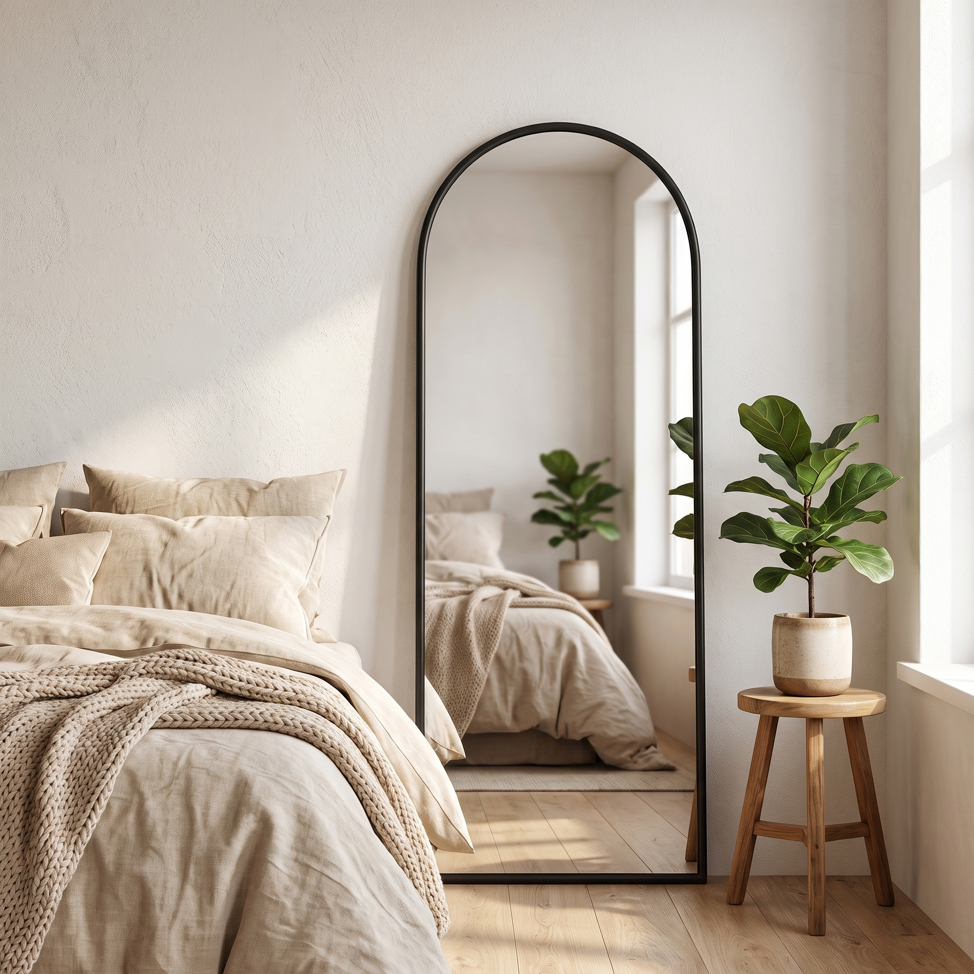 Black metal arched bracket full-length mirror in a modern bedroom