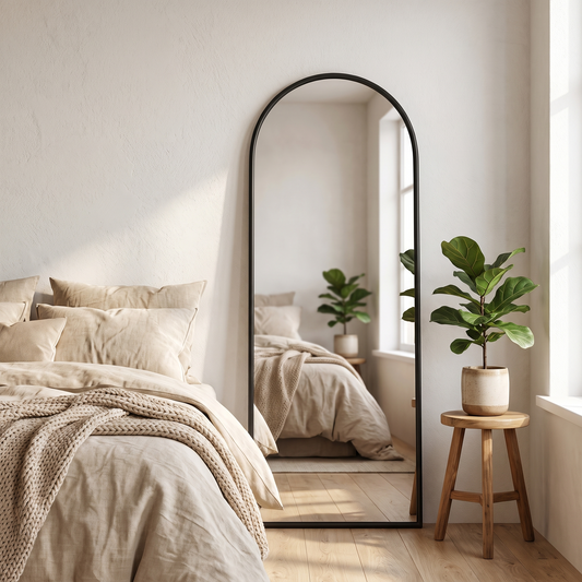 Black metal arched bracket full-length mirror in a modern bedroom