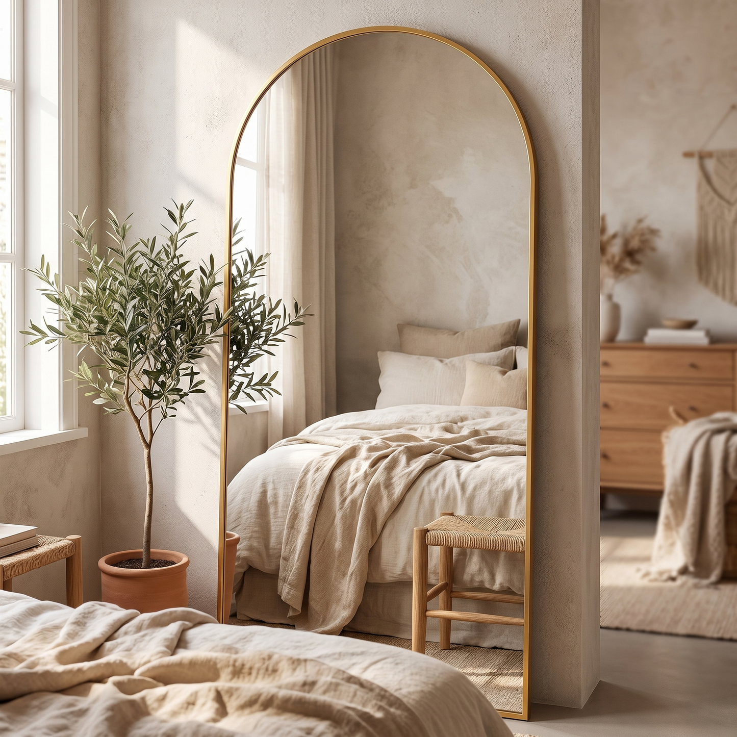 Gold arched bracket mirror, bedroom context