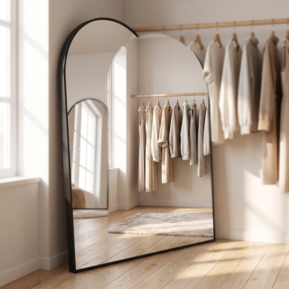 Easly oversized black arched full-body mirror in a dressing room