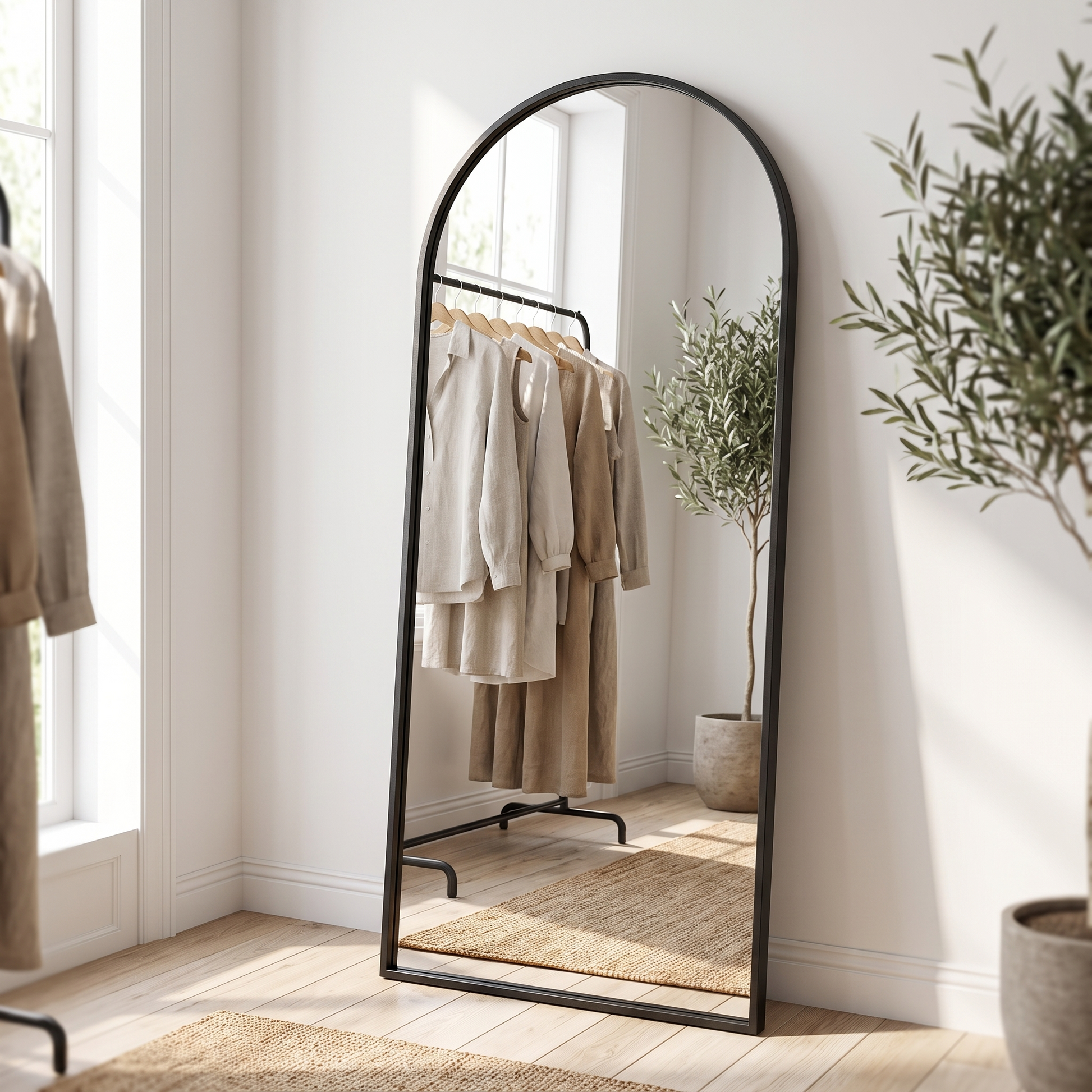 Black metal arched bracket full-length mirror in a dressing room