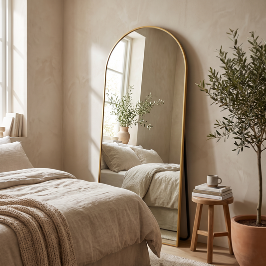 NicBex gold arched full length mirror in a modern bedroom