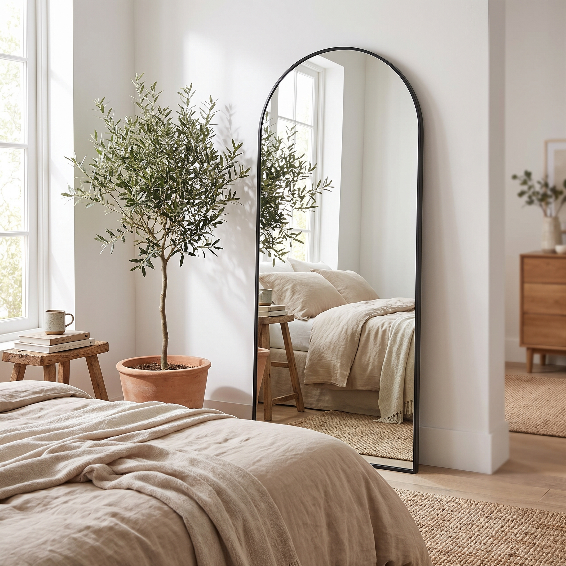 Black arched bracket mirror in a styled bedroom