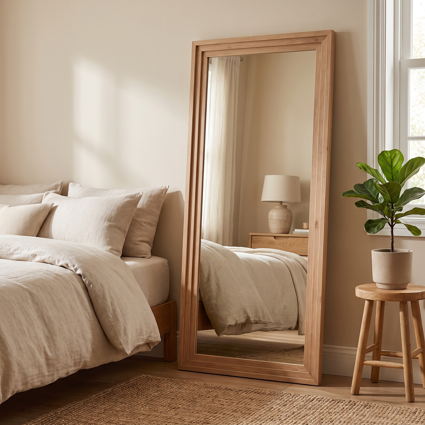 ABSWHLM solid wood frame full length mirror in a modern bedroom