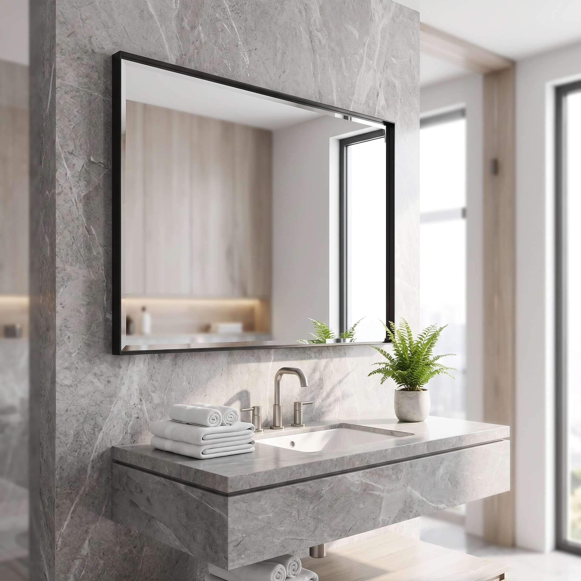 Glossy black rectangular bathroom mirror, wider bathroom context