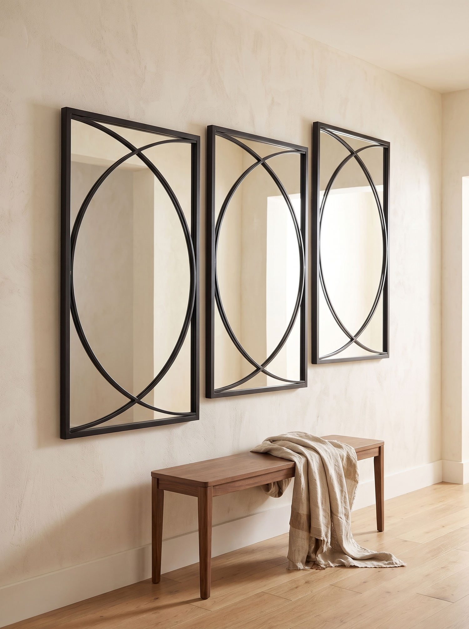 LuxAura Arc Trio mirror panels in a staggered hallway arrangement