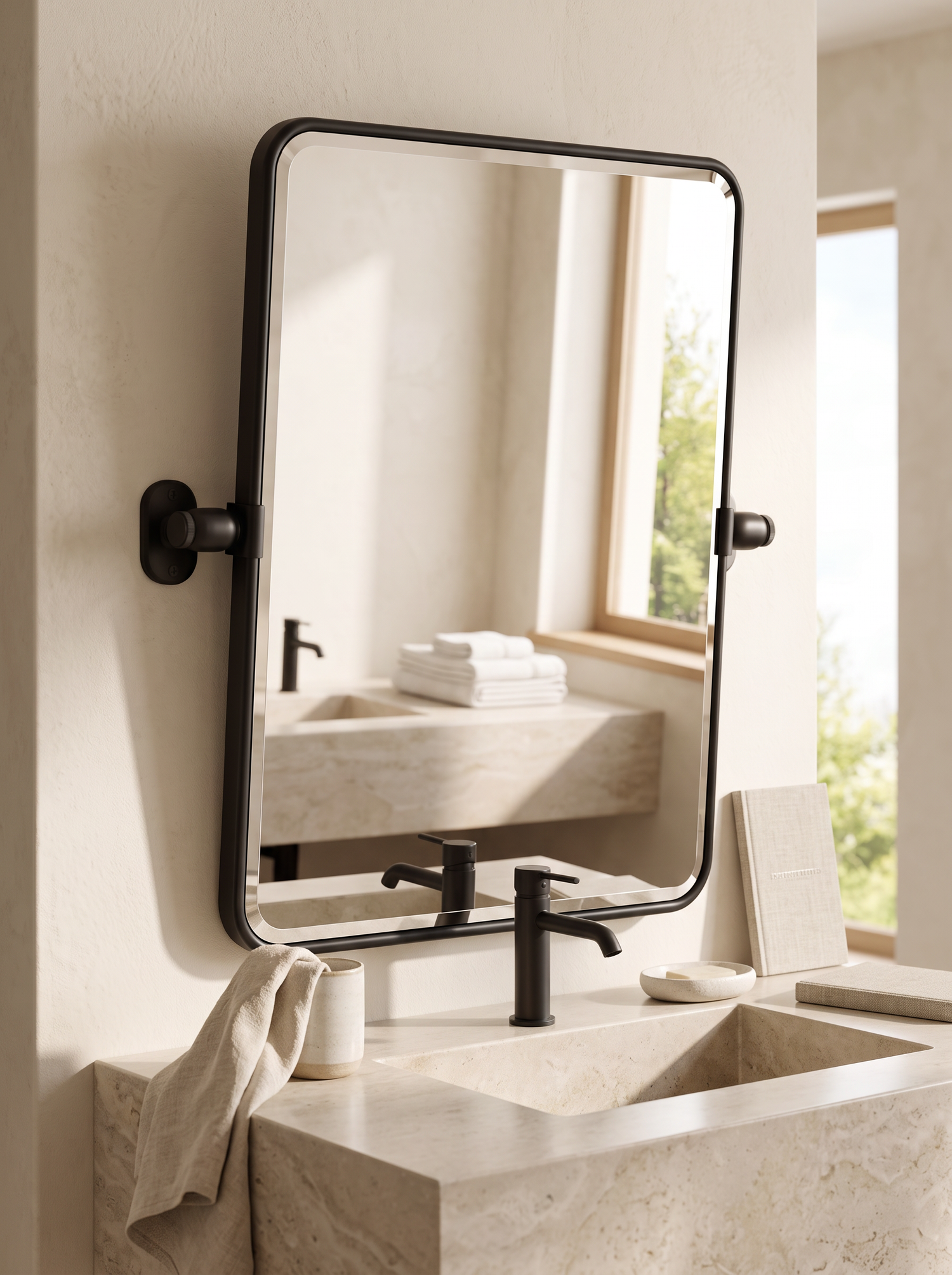 LuxAura Pivot Bathroom Mirror above a single vanity
