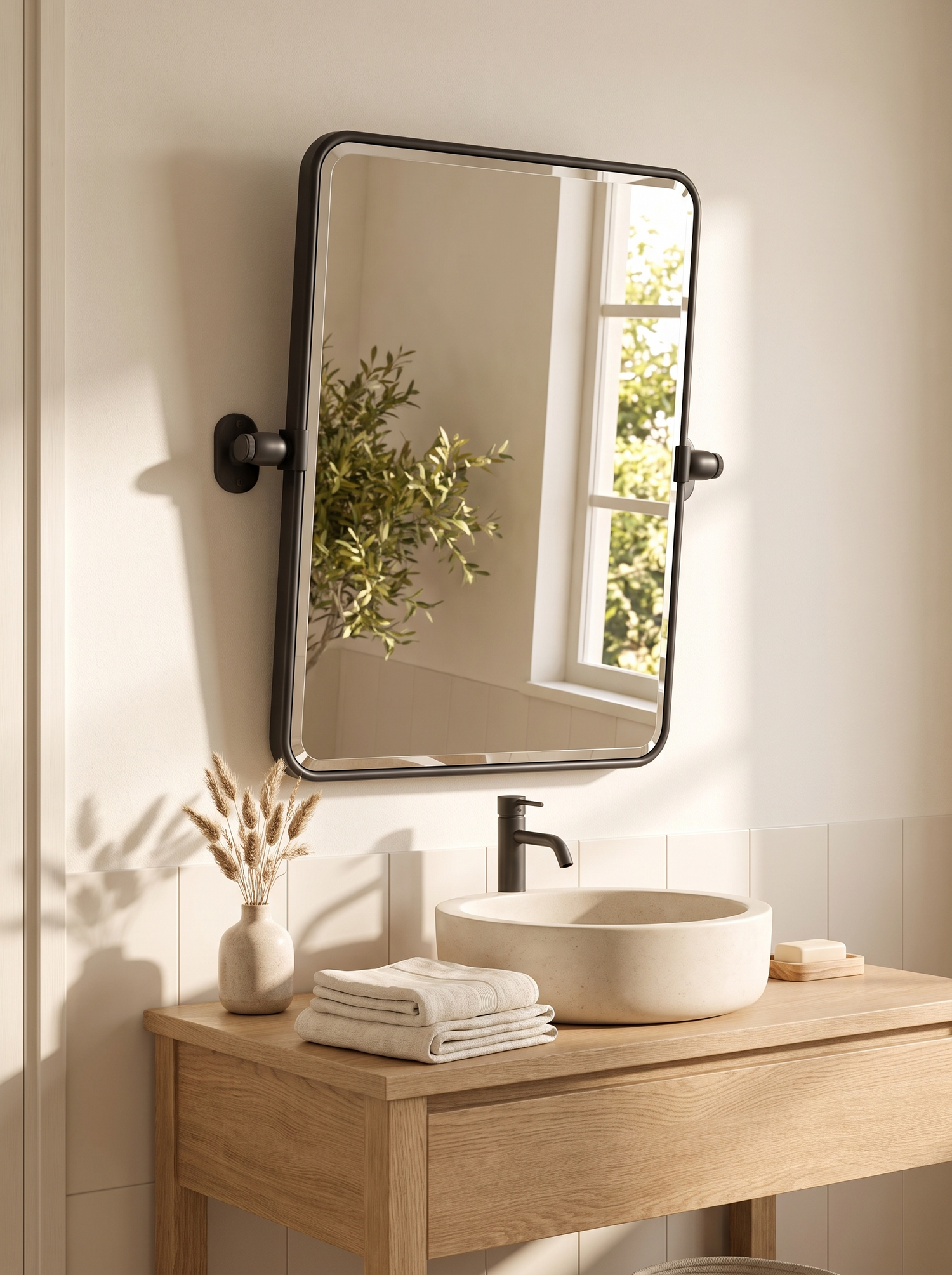 LuxAura Pivot Bathroom Mirror matte black frame detail