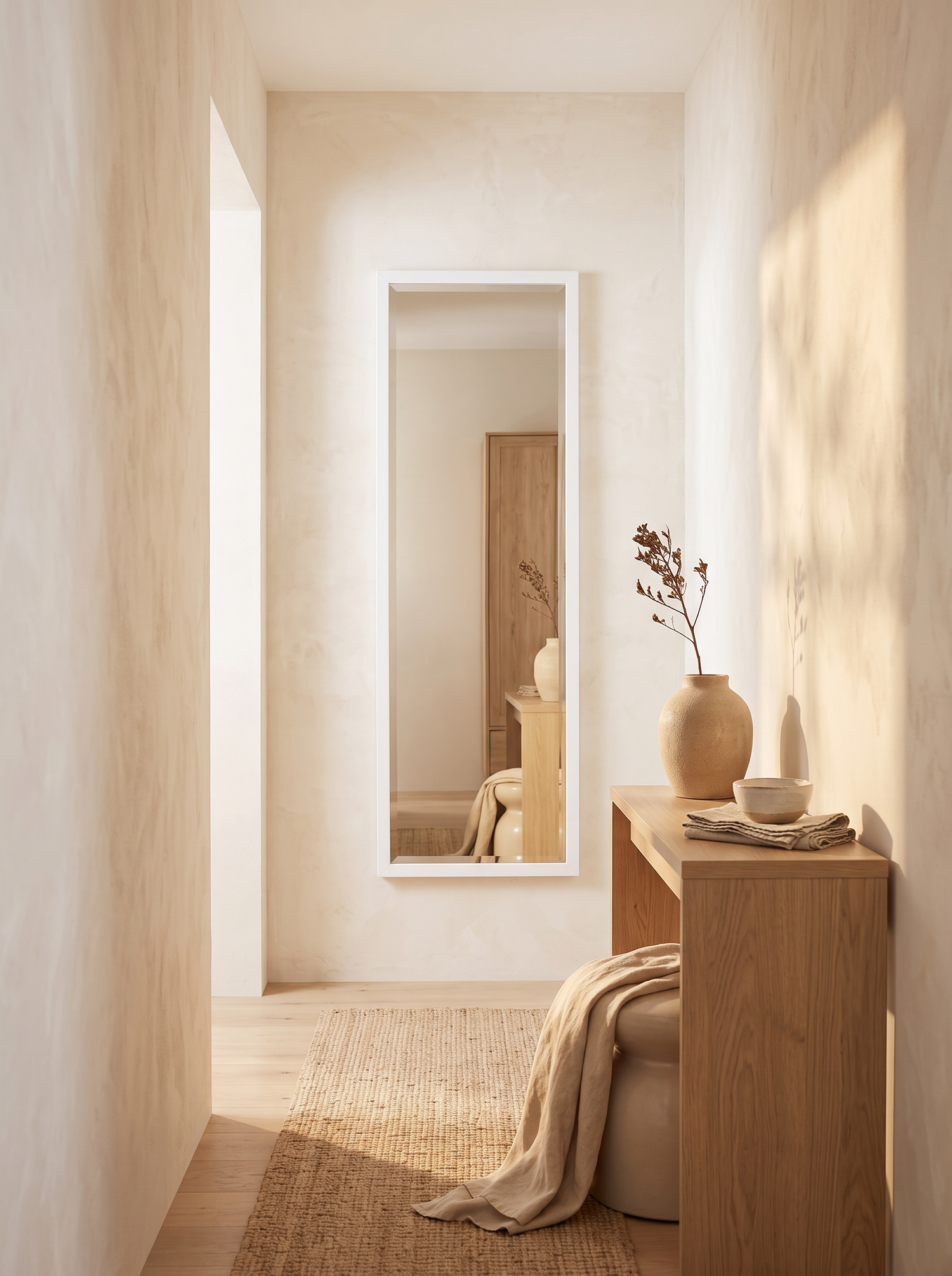 LuxAura Frameless Bevel Mirror in a narrow wall space