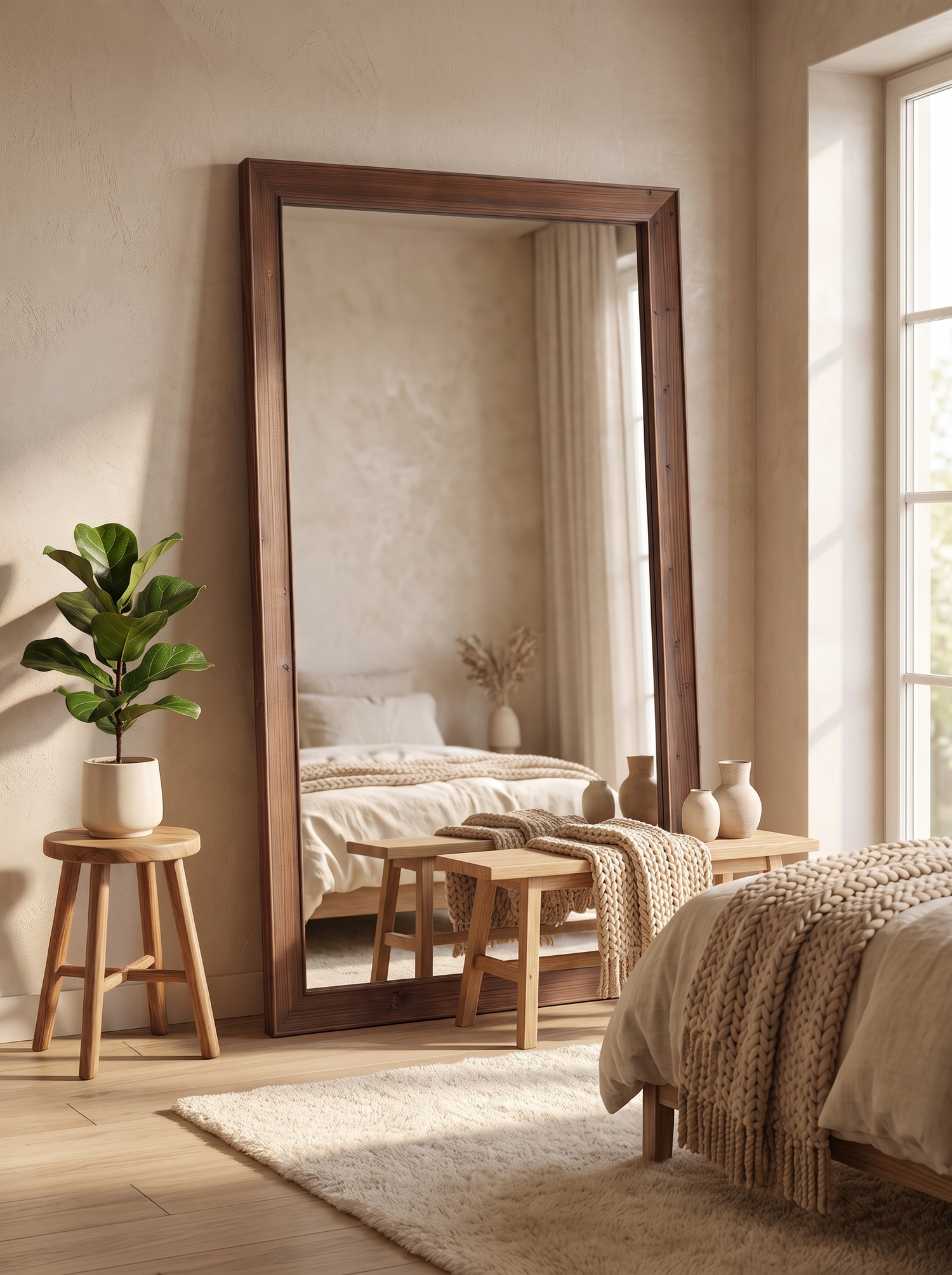 LuxAura Rustic Wood Floor Mirror full length in a living room