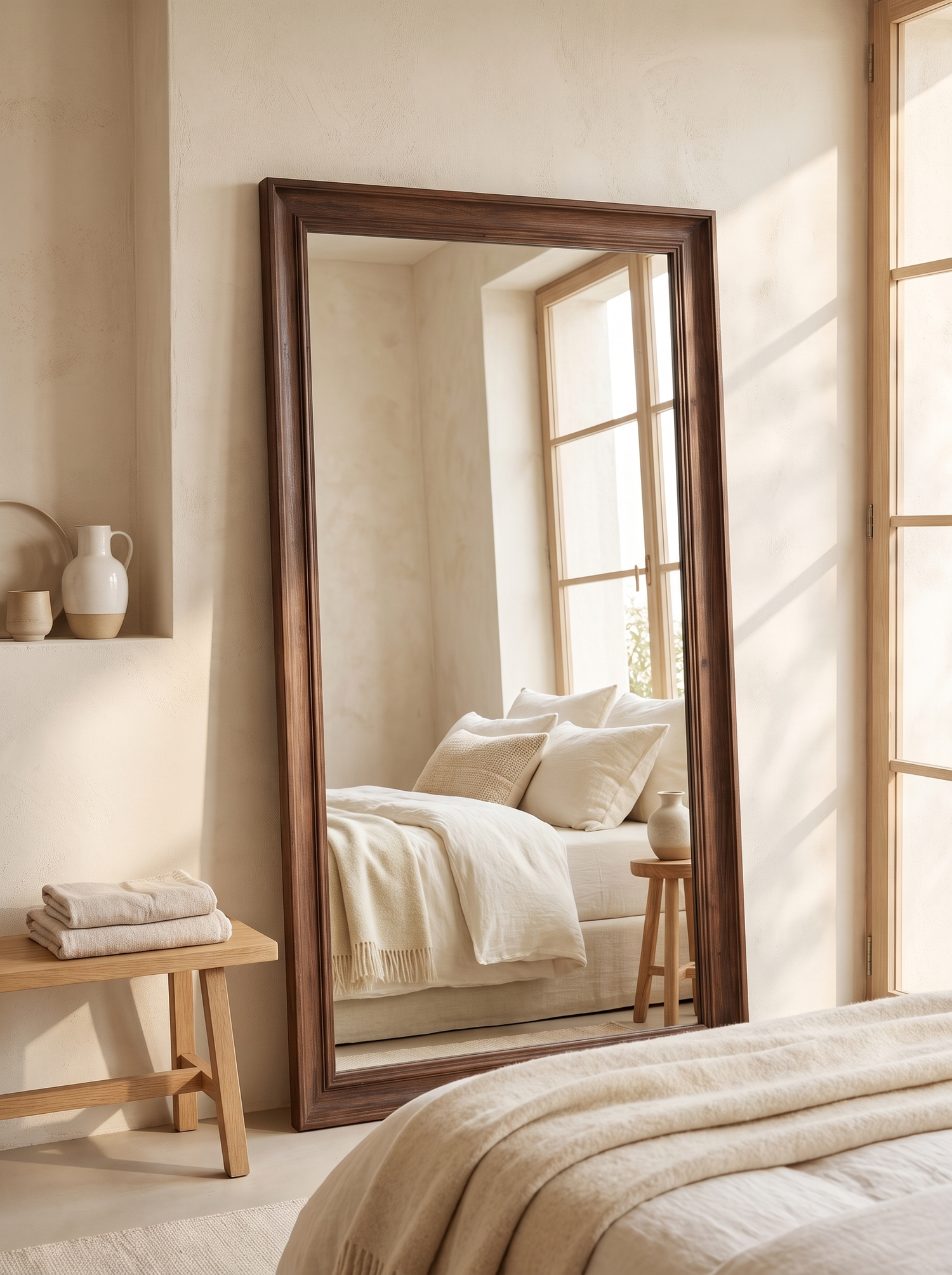 LuxAura Rustic Wood Floor Mirror warm timber frame in a bedroom