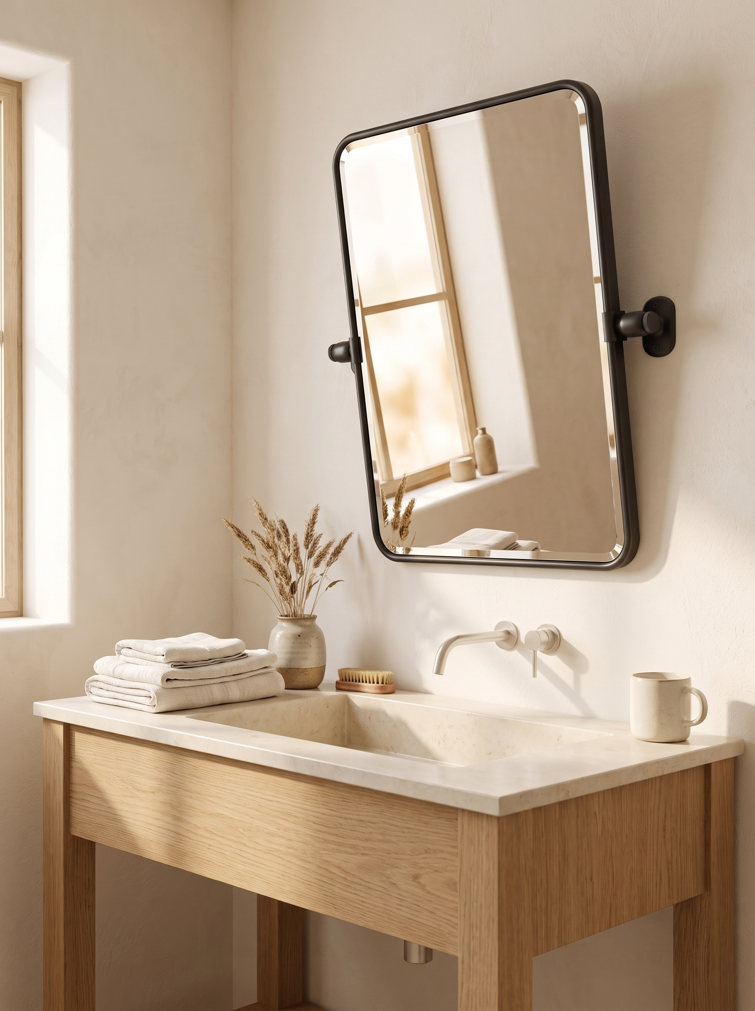 LuxAura Pivot Bathroom Mirror tilted above a basin
