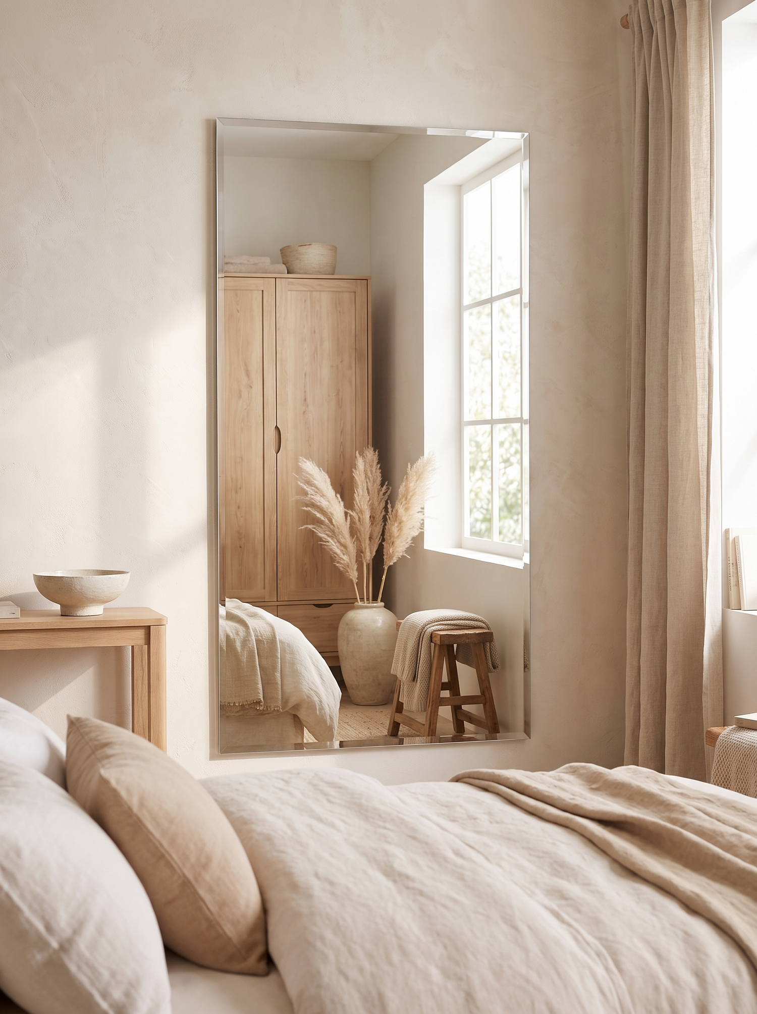 LuxAura Frameless Bevel Mirror on a warm white wall