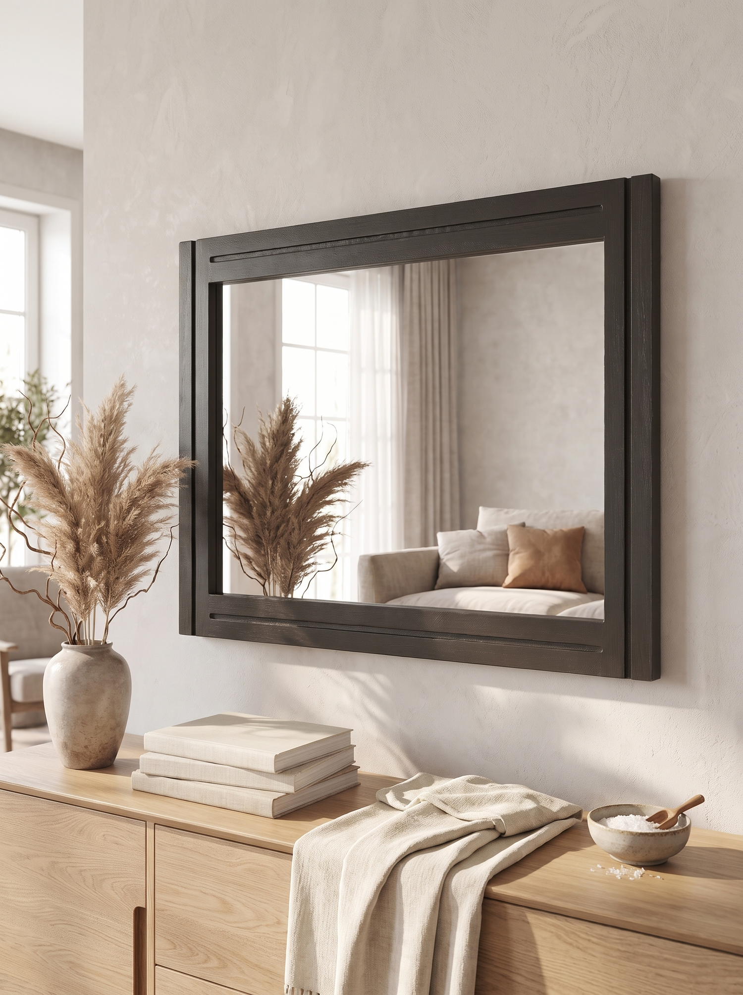 LuxAura Black Wood Wall Mirror hung horizontally in an entryway