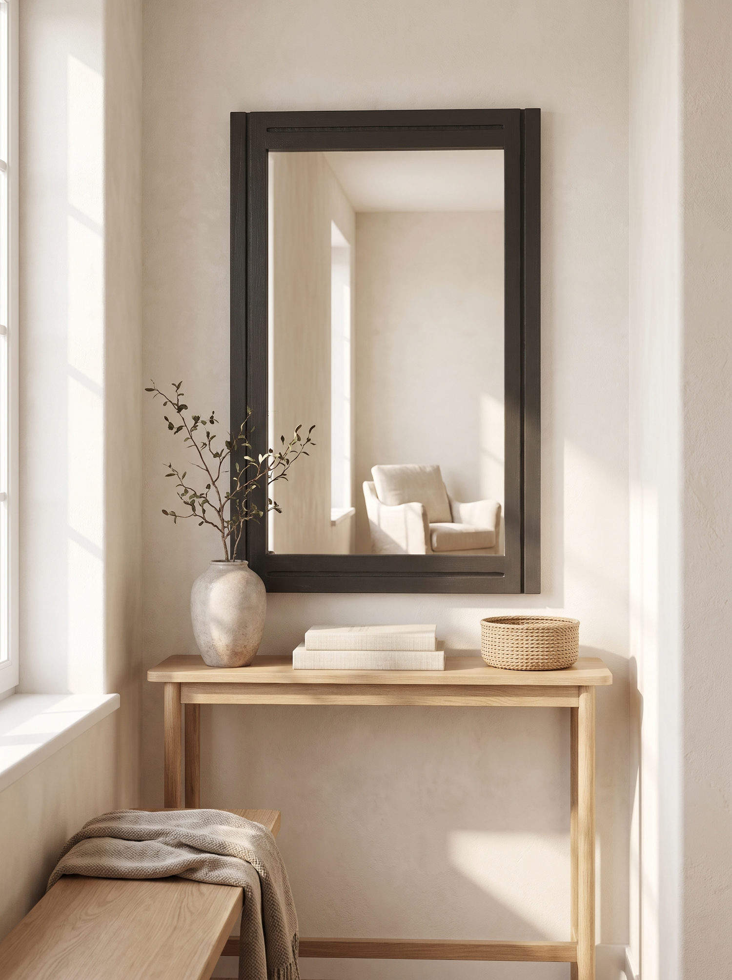 LuxAura Black Wood Wall Mirror above a narrow console