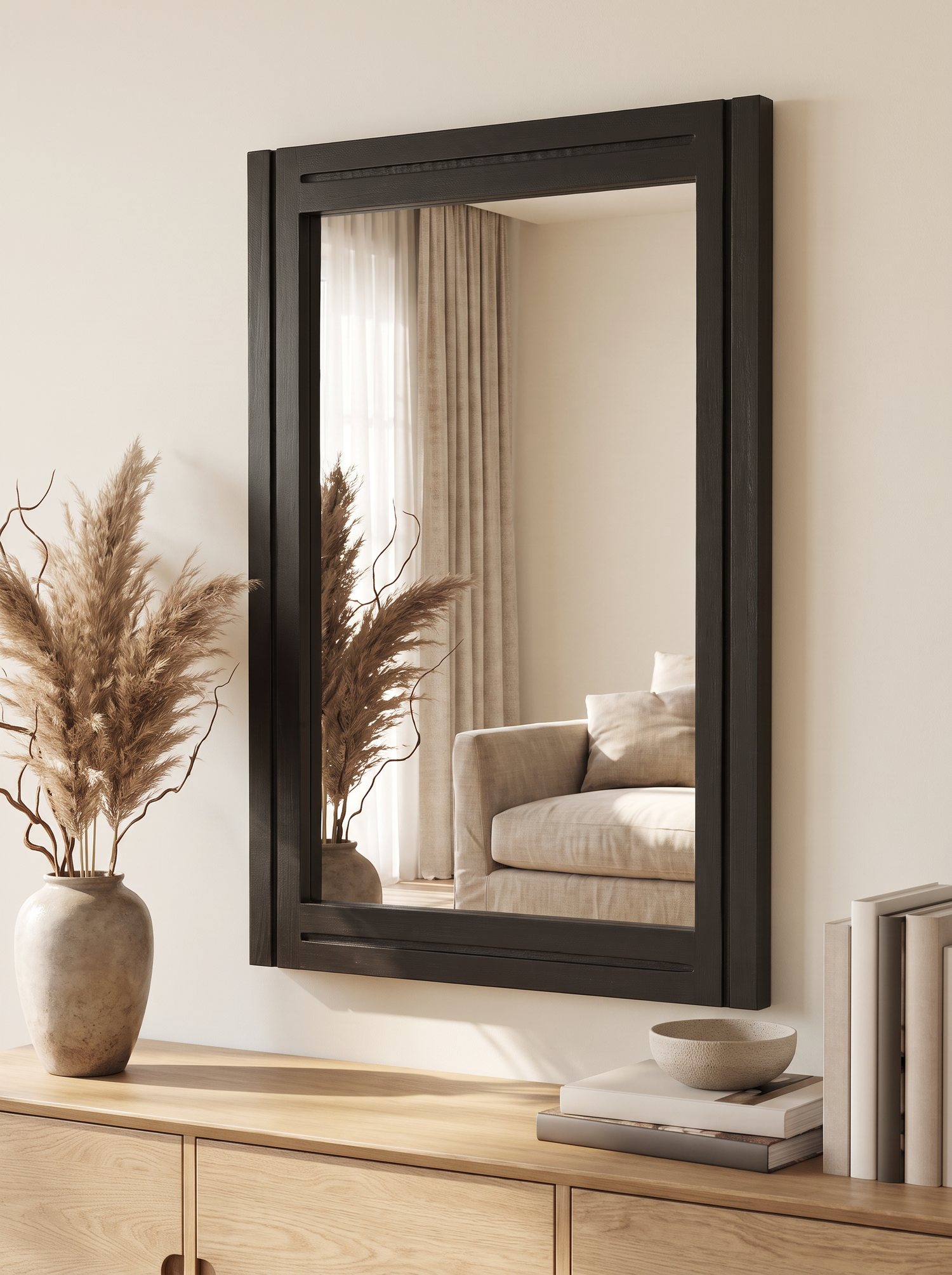 LuxAura Black Wood Wall Mirror matte black timber frame detail