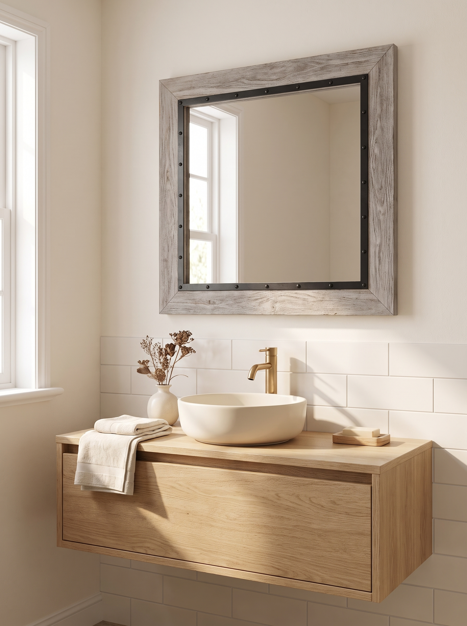 LuxAura Rustic Wood and Iron Mirror natural grain variation detail