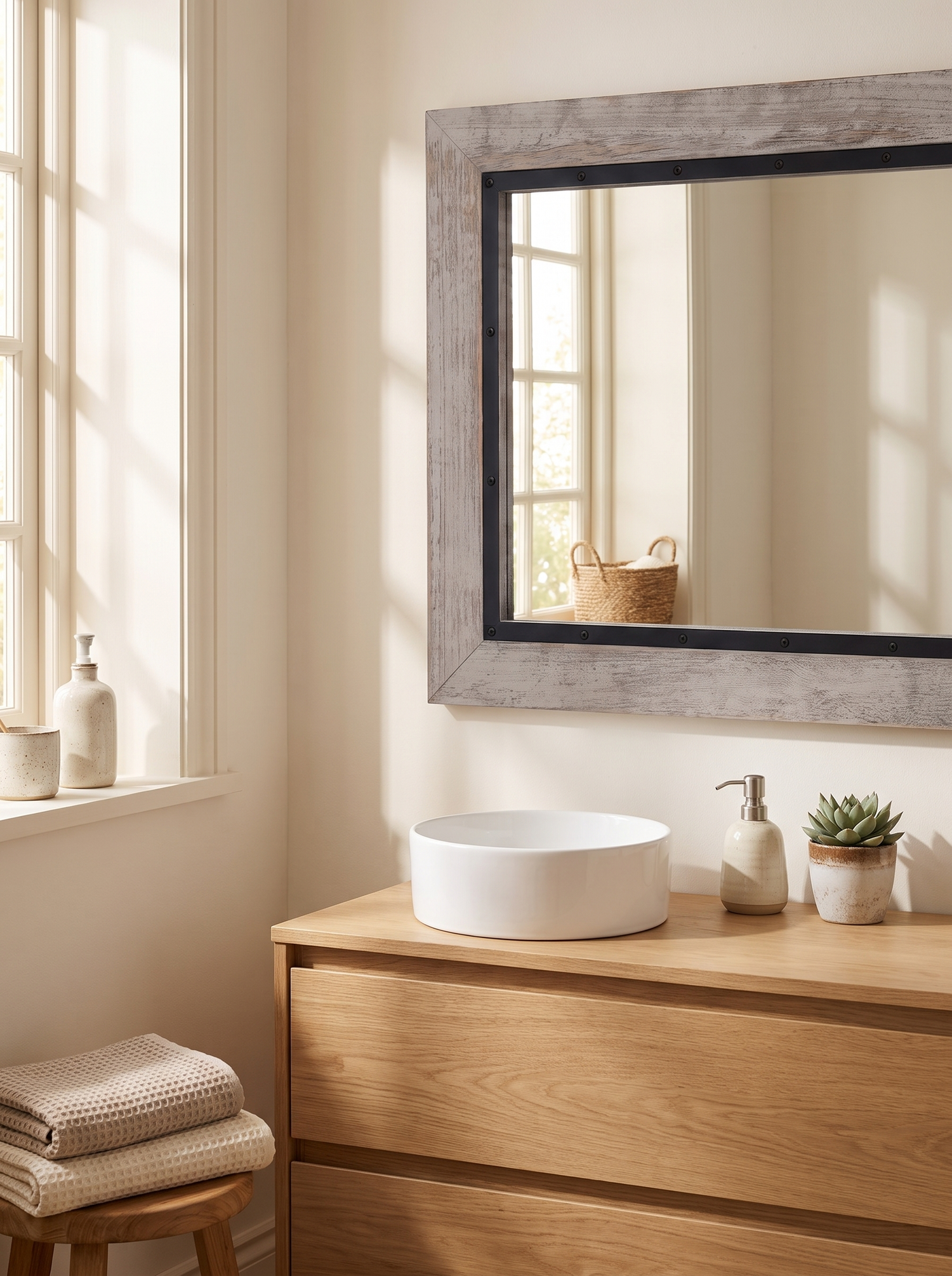 LuxAura Rustic Wood and Iron Mirror weathered grey timber frame