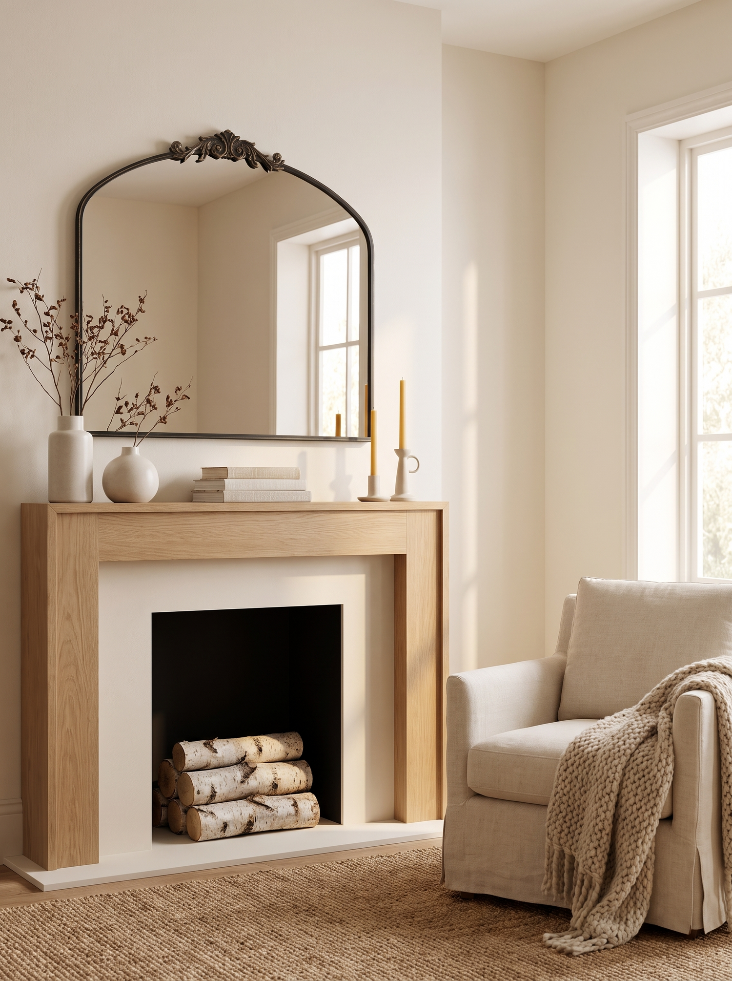 LuxAura Window Arch Mirror above a mantel