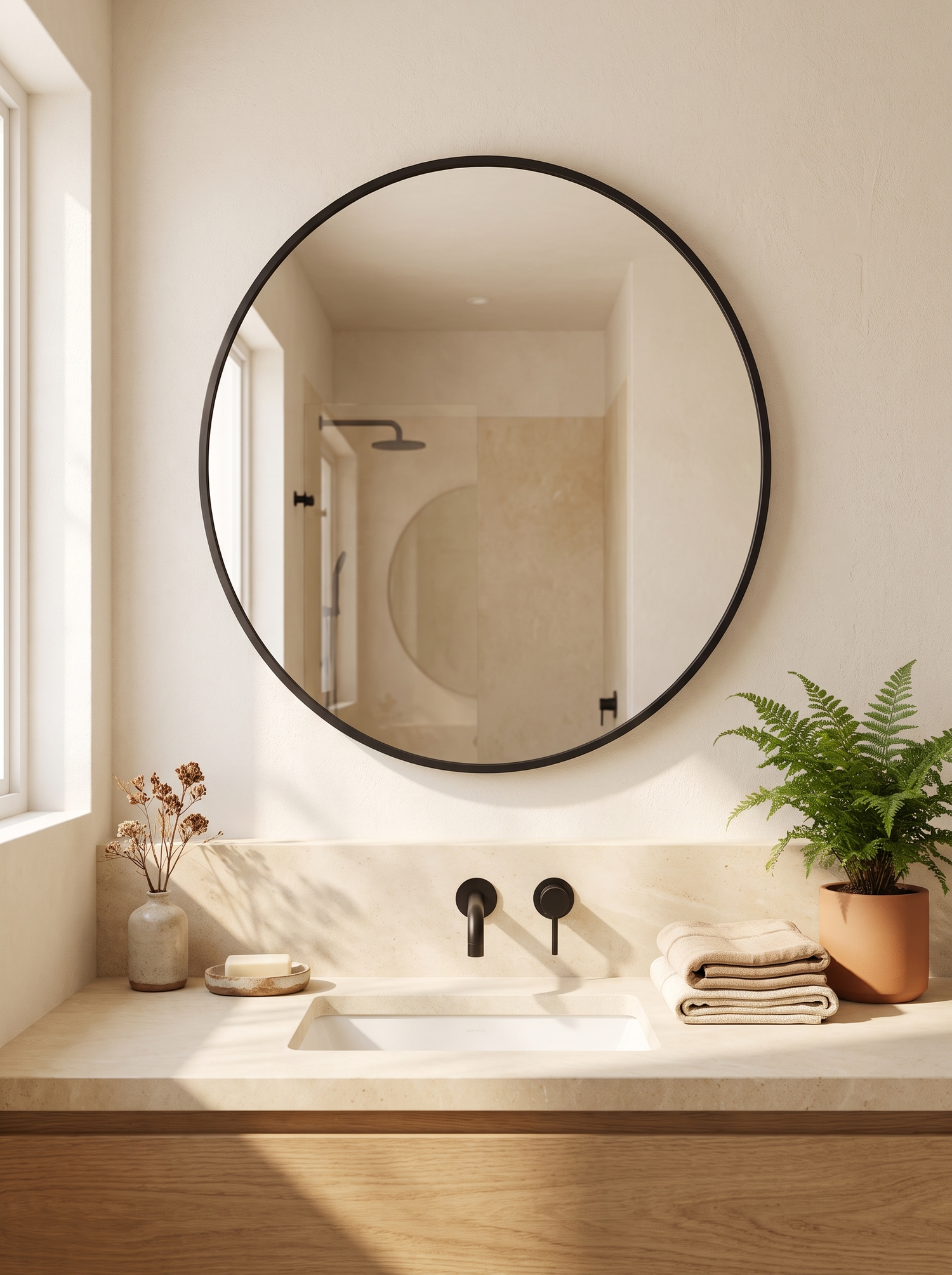 LuxAura Black Round Mirror 24 inch above a vanity