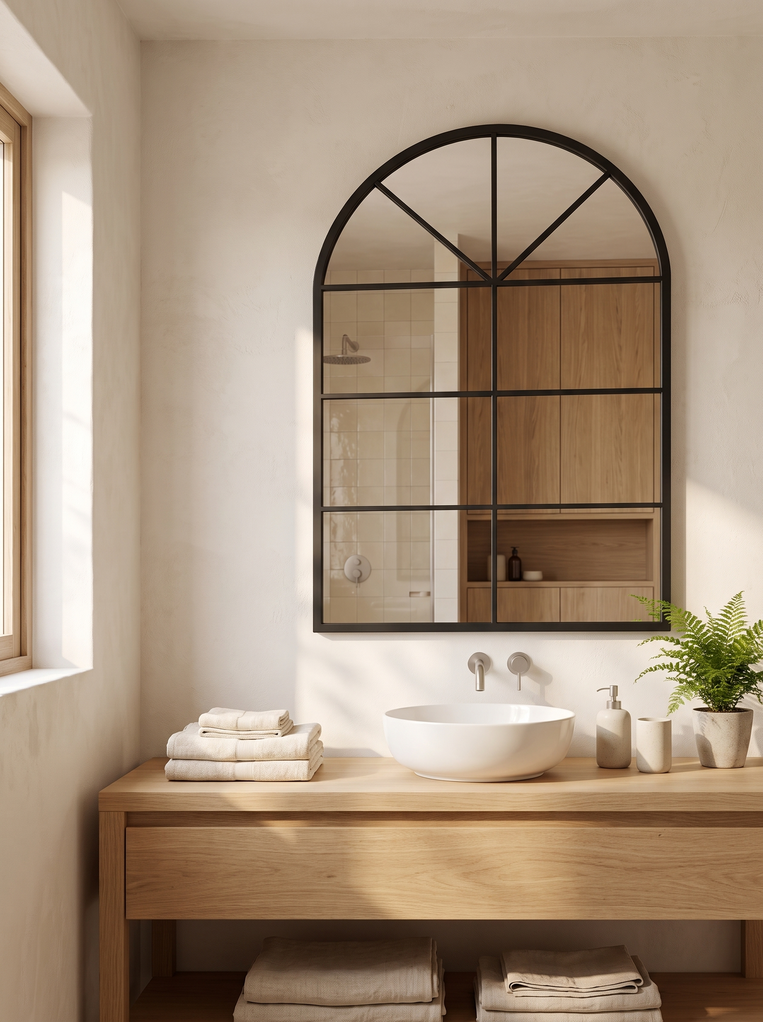 LuxAura Arch Window Mirror black frame against off white walls