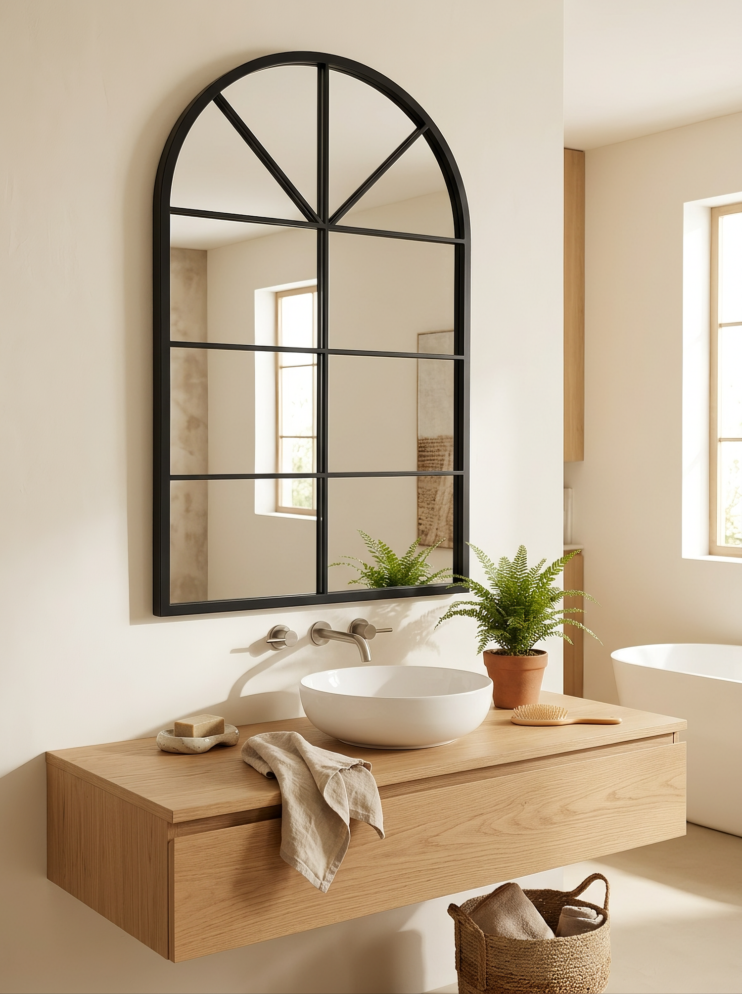 LuxAura Arch Window Mirror pane detail on a pale wall