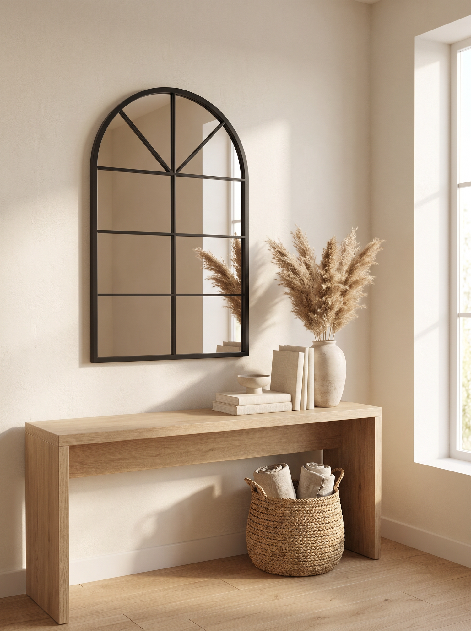 LuxAura Arch Window Mirror hung above a light oak console