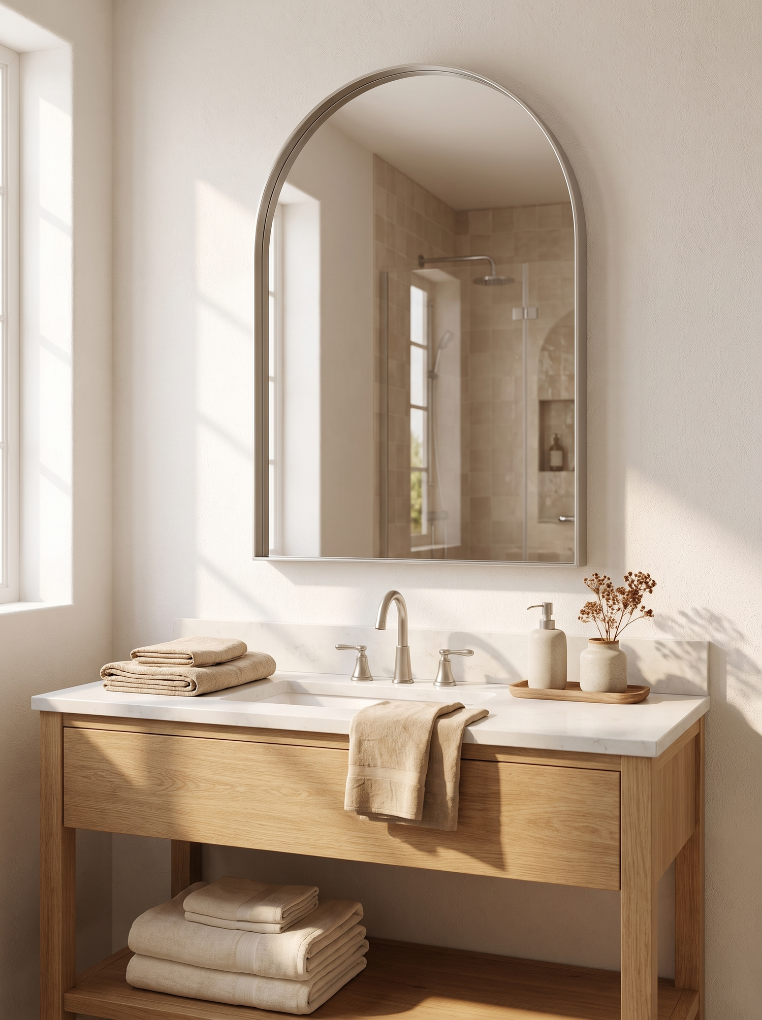 LuxAura Silver Arch Mirror Metal hanging flat to the wall