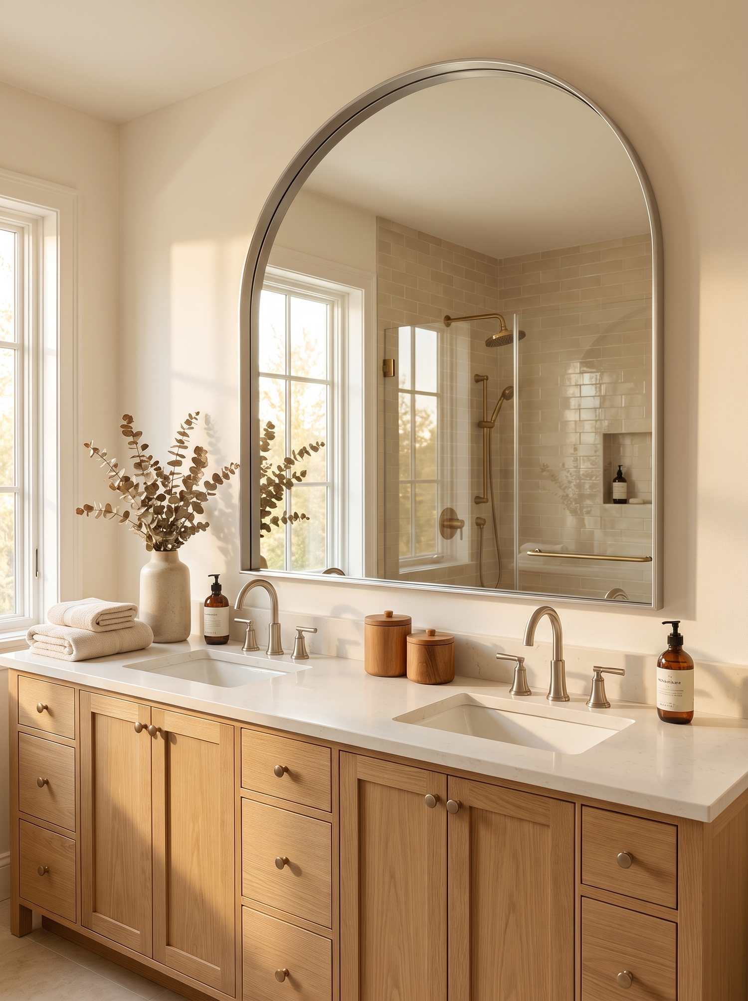 LuxAura Silver Arch Mirror Metal above a double basin