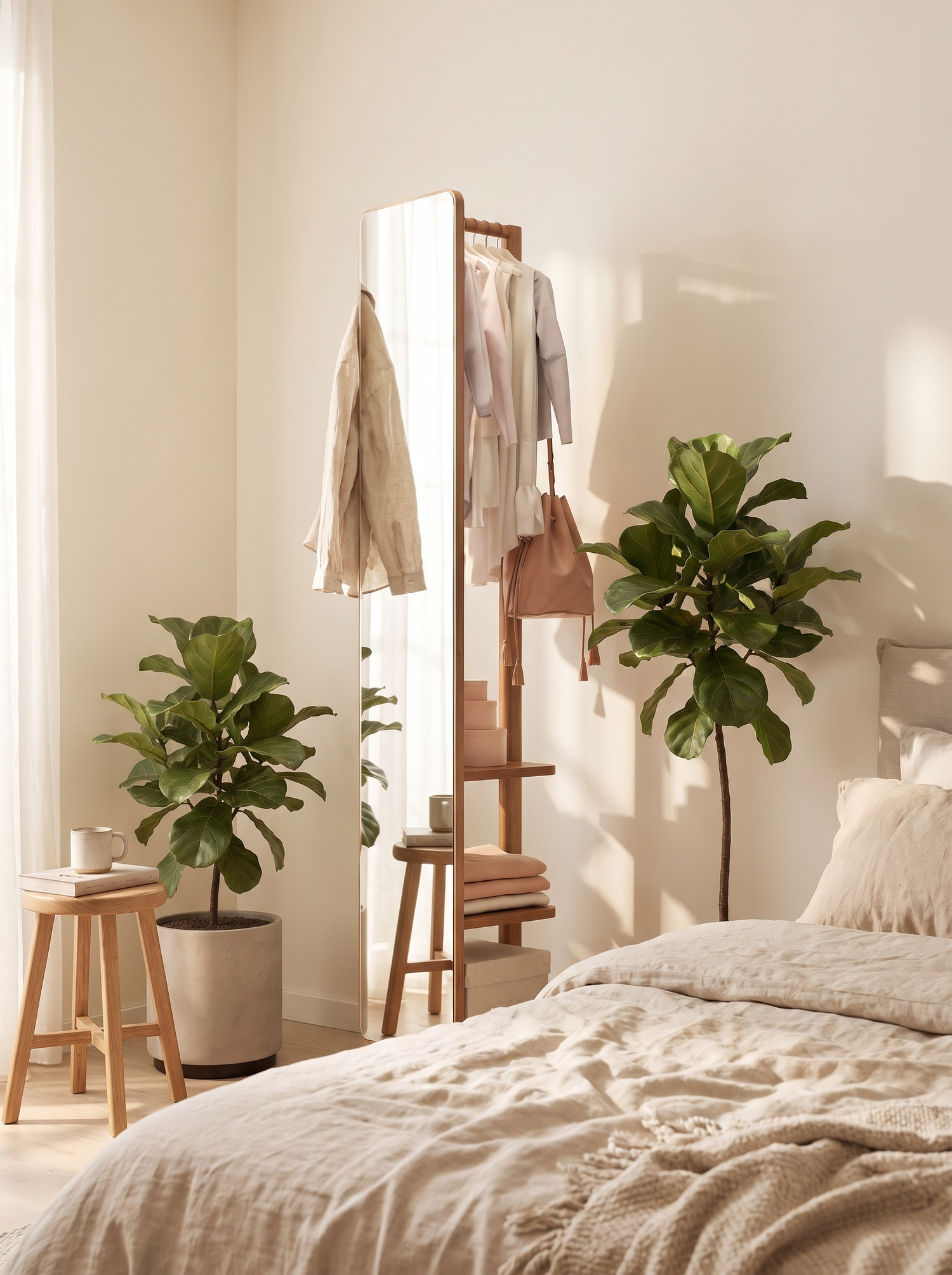 LuxAura Slim Wood Full Length Mirror in a warm white interior slot 2