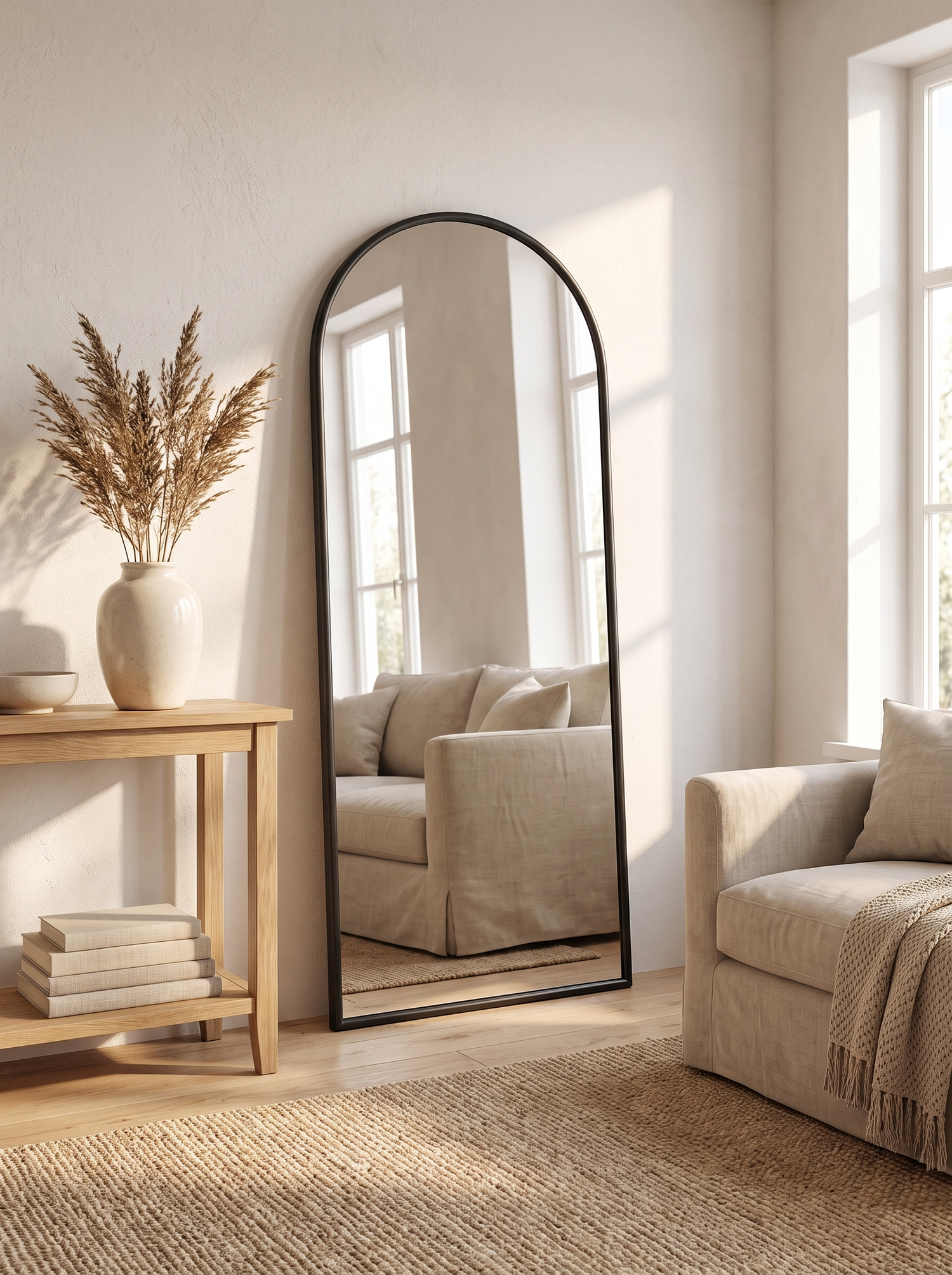 LuxAura Black Bracket Arch Mirror in a warm white interior slot 2