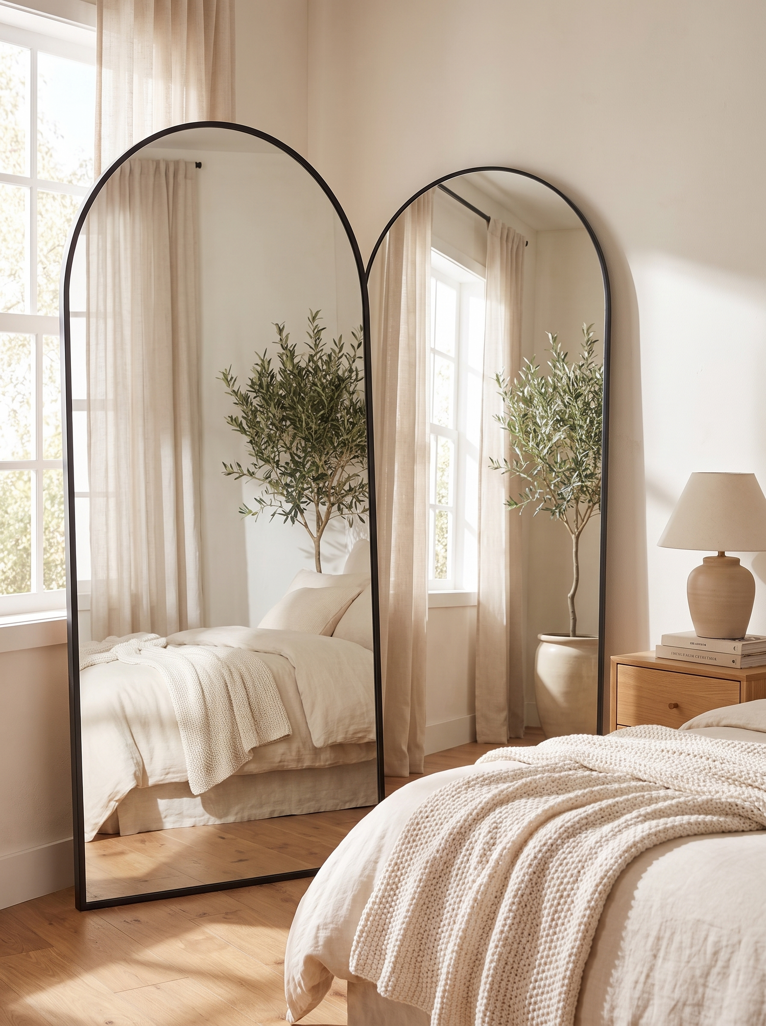 LuxAura Oversized Arch Mirror Black in a warm white interior slot 3