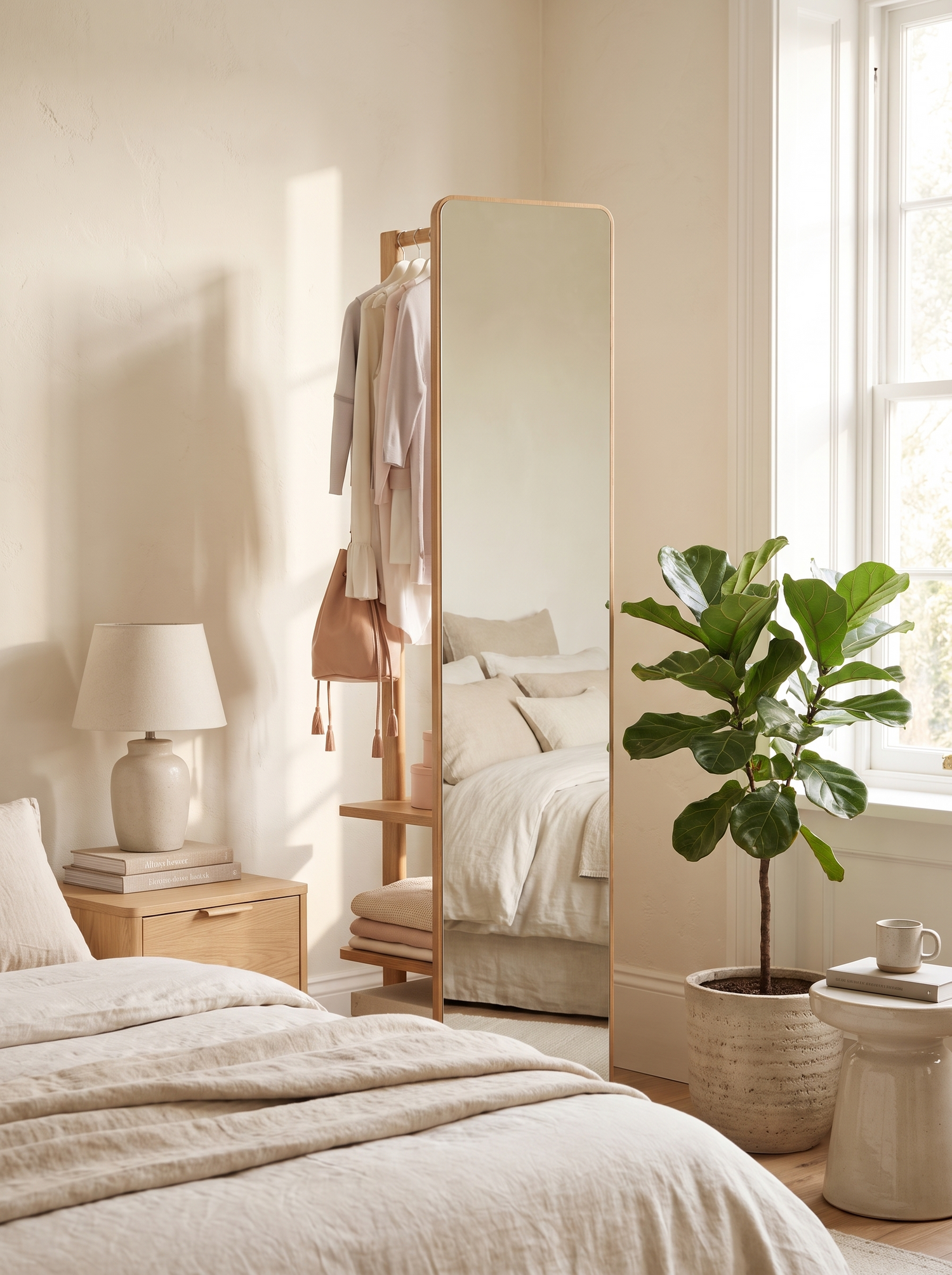LuxAura Slim Wood Full Length Mirror in a warm white interior slot 1