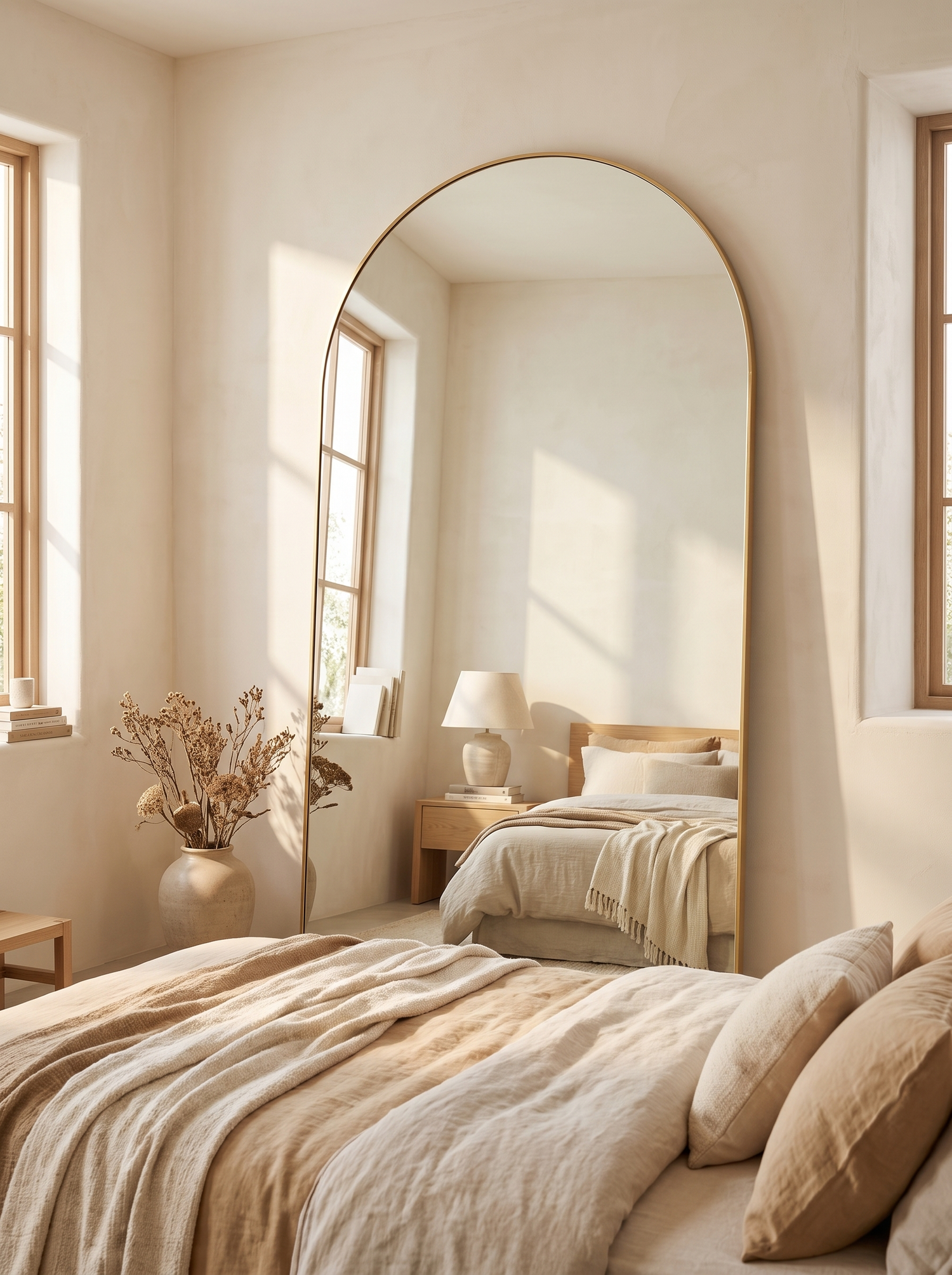 LuxAura Gold Bracket Arch Mirror in a warm white interior slot 1