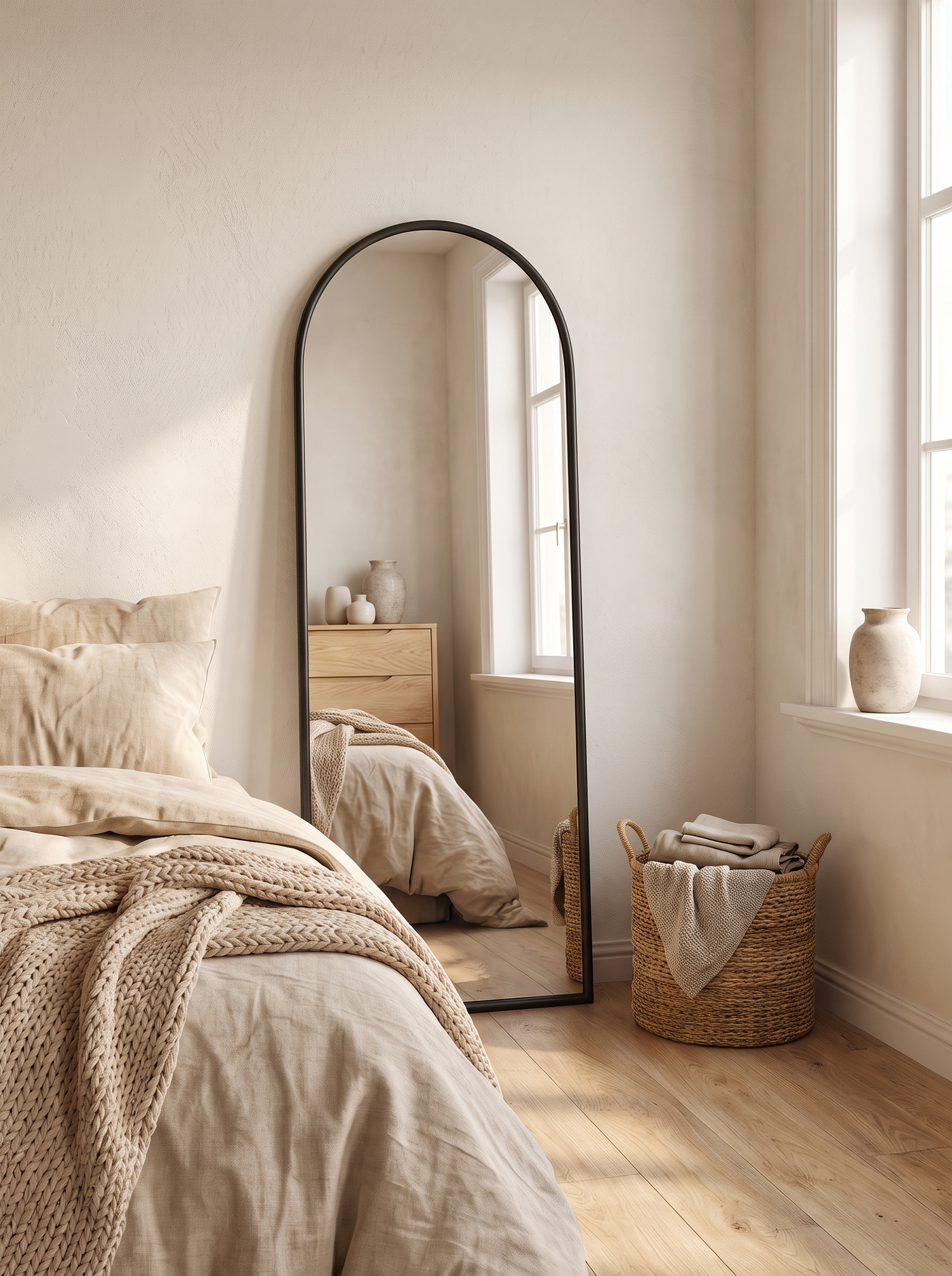 LuxAura Black Bracket Arch Mirror in a warm white interior slot 1