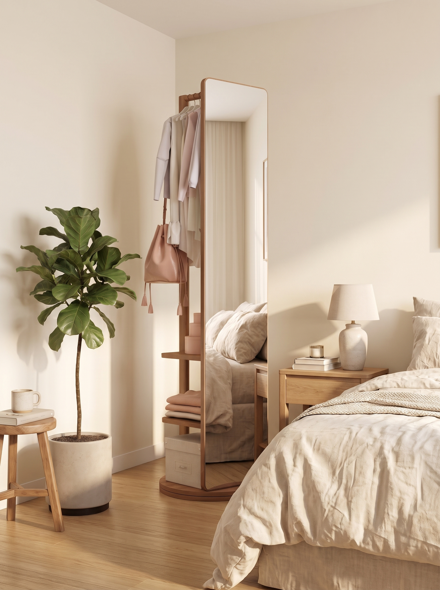 LuxAura Slim Wood Full Length Mirror in a warm white interior slot 3