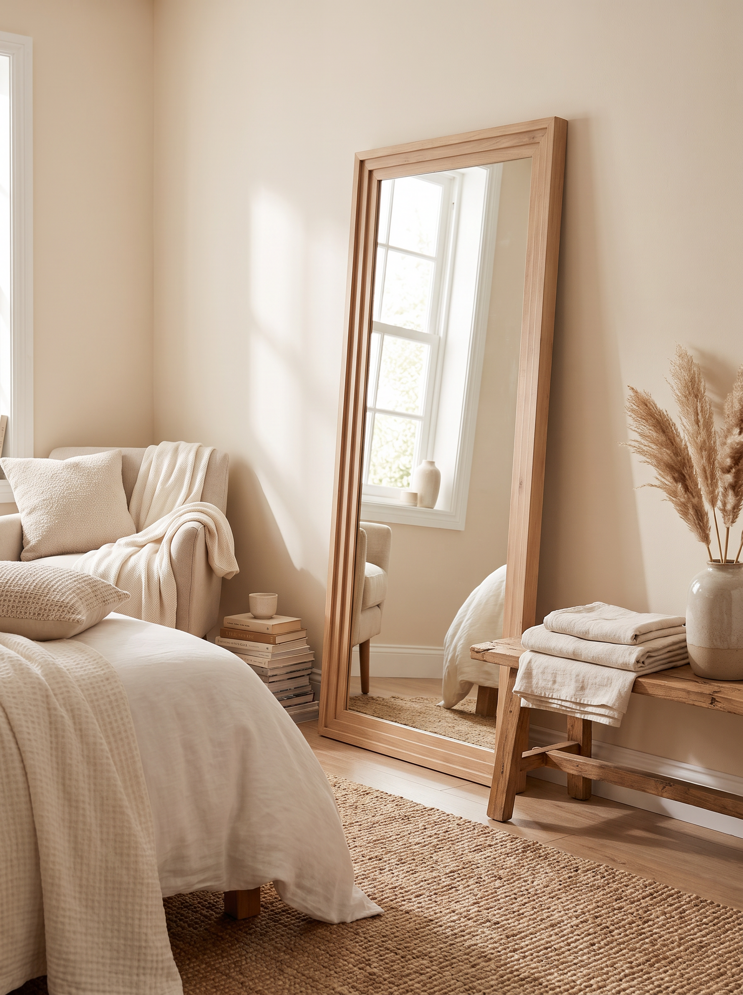 LuxAura Solid Wood Floor Mirror Brown in a warm white interior slot 3