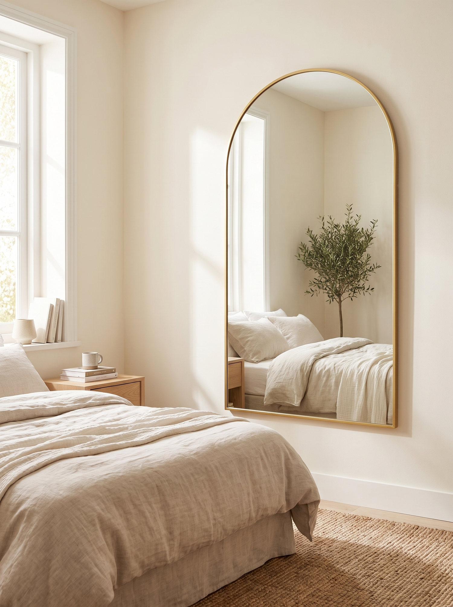 LuxAura Gold Arch Floor Mirror in a warm white interior slot 1