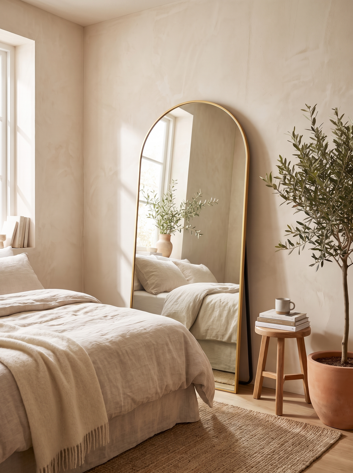 LuxAura Gold Arch Floor Mirror in a warm white interior slot 3
