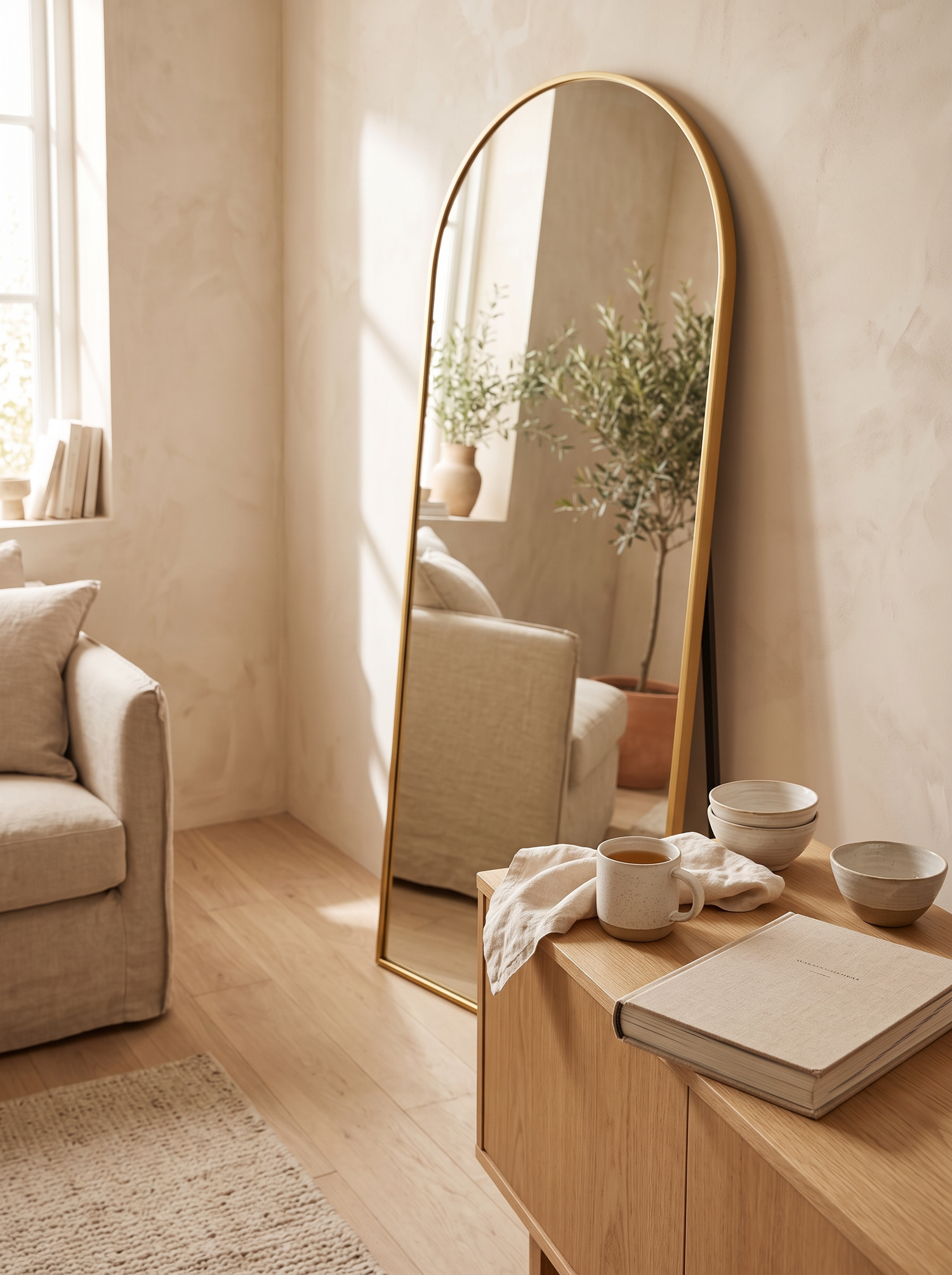 LuxAura Gold Arch Floor Mirror in a warm white interior slot 2