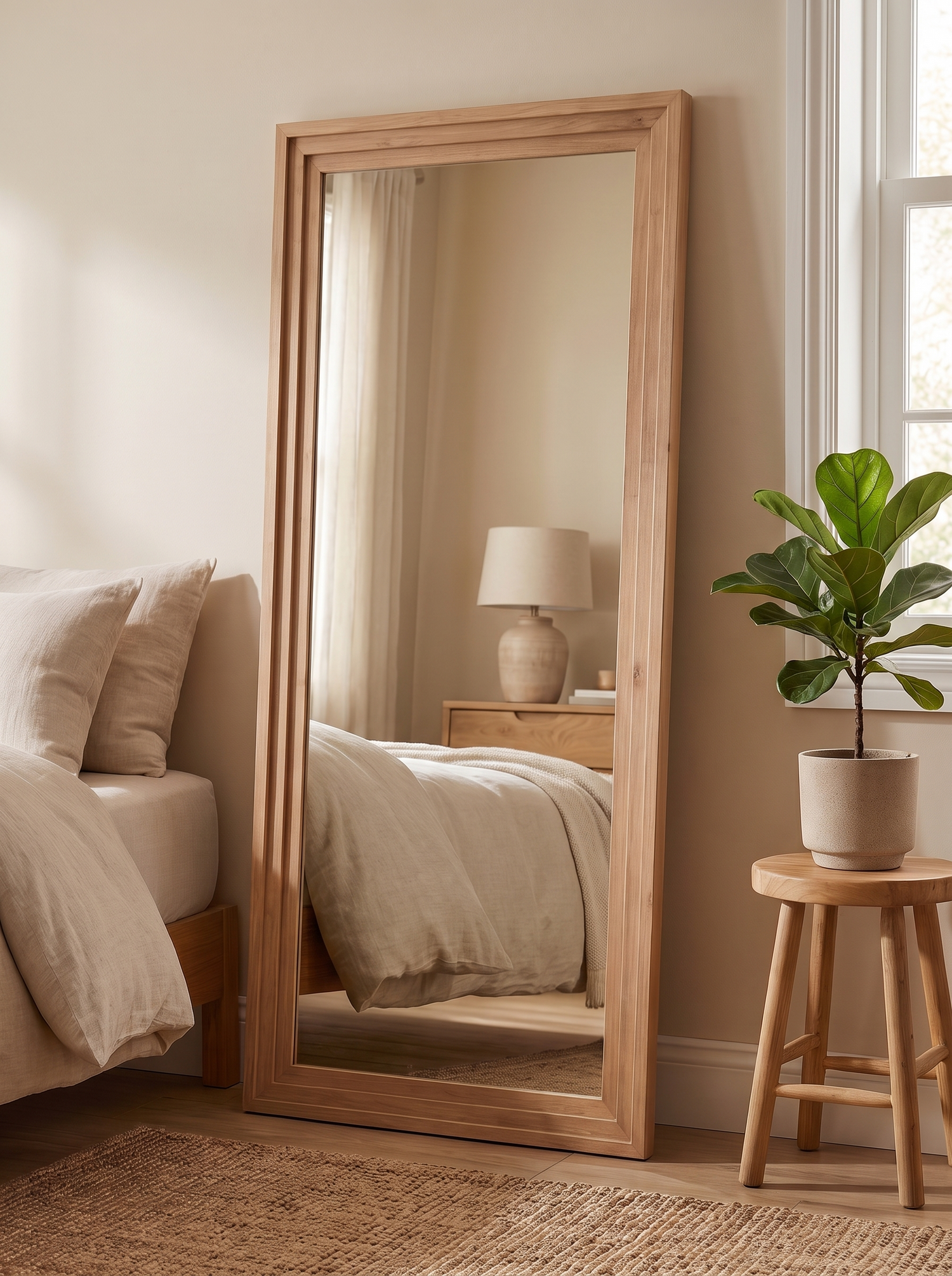 LuxAura Solid Wood Floor Mirror Brown in a warm white interior slot 2