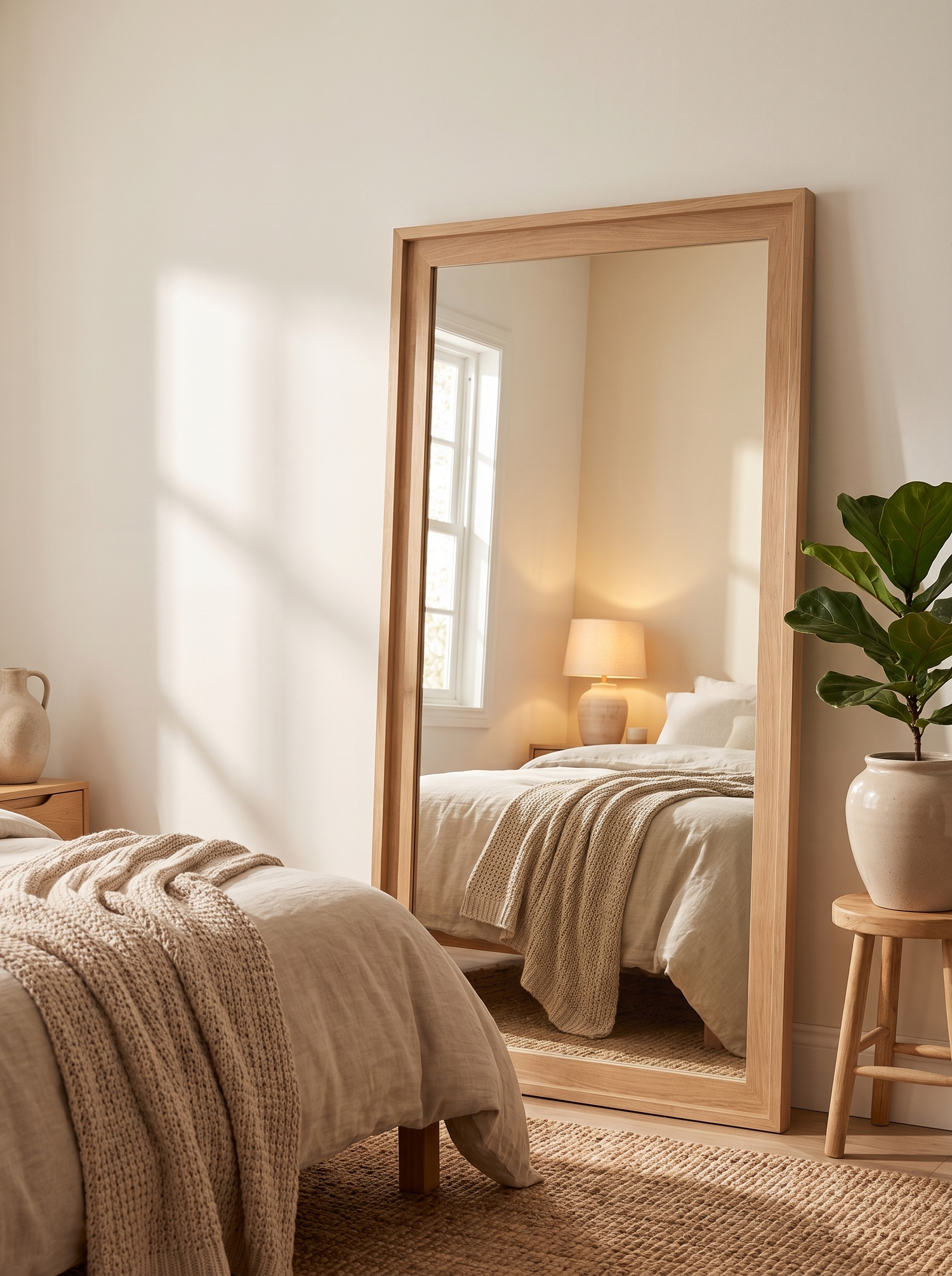 LuxAura Solid Wood Floor Mirror Brown in a warm white interior slot 1