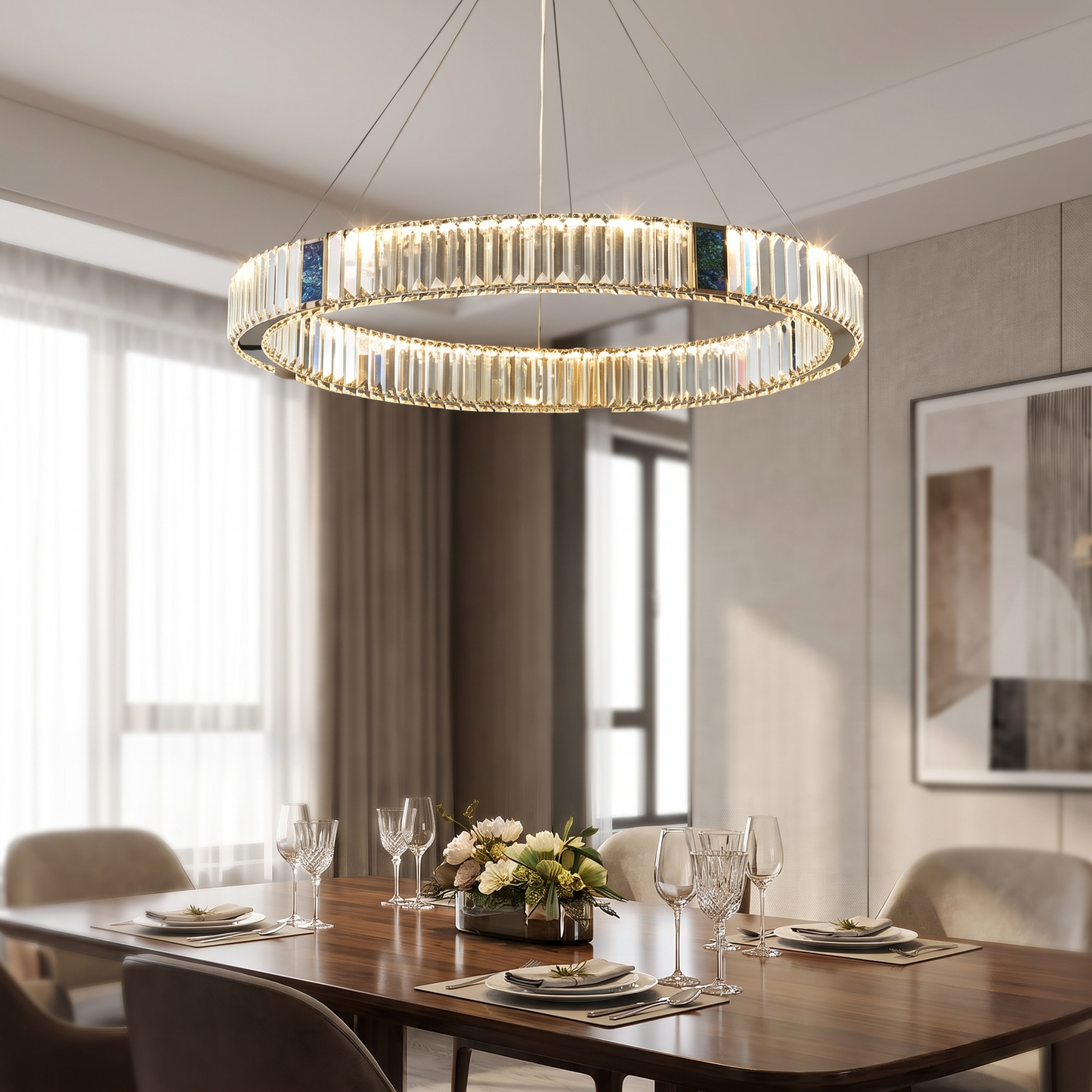 Luxury crystal chandelier lit above a dining table in a modern dining room
