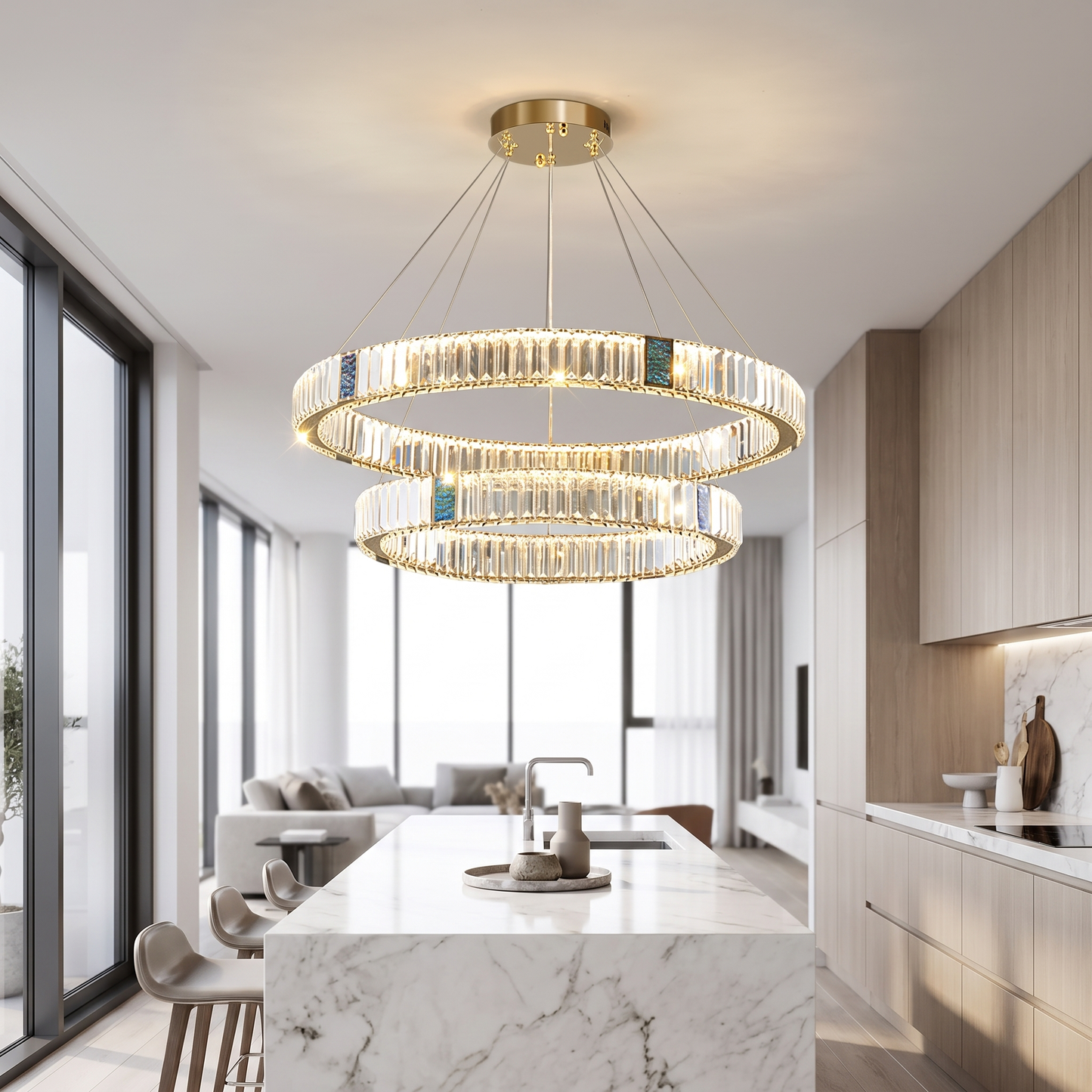 Luxury crystal chandelier above a kitchen island in daylight