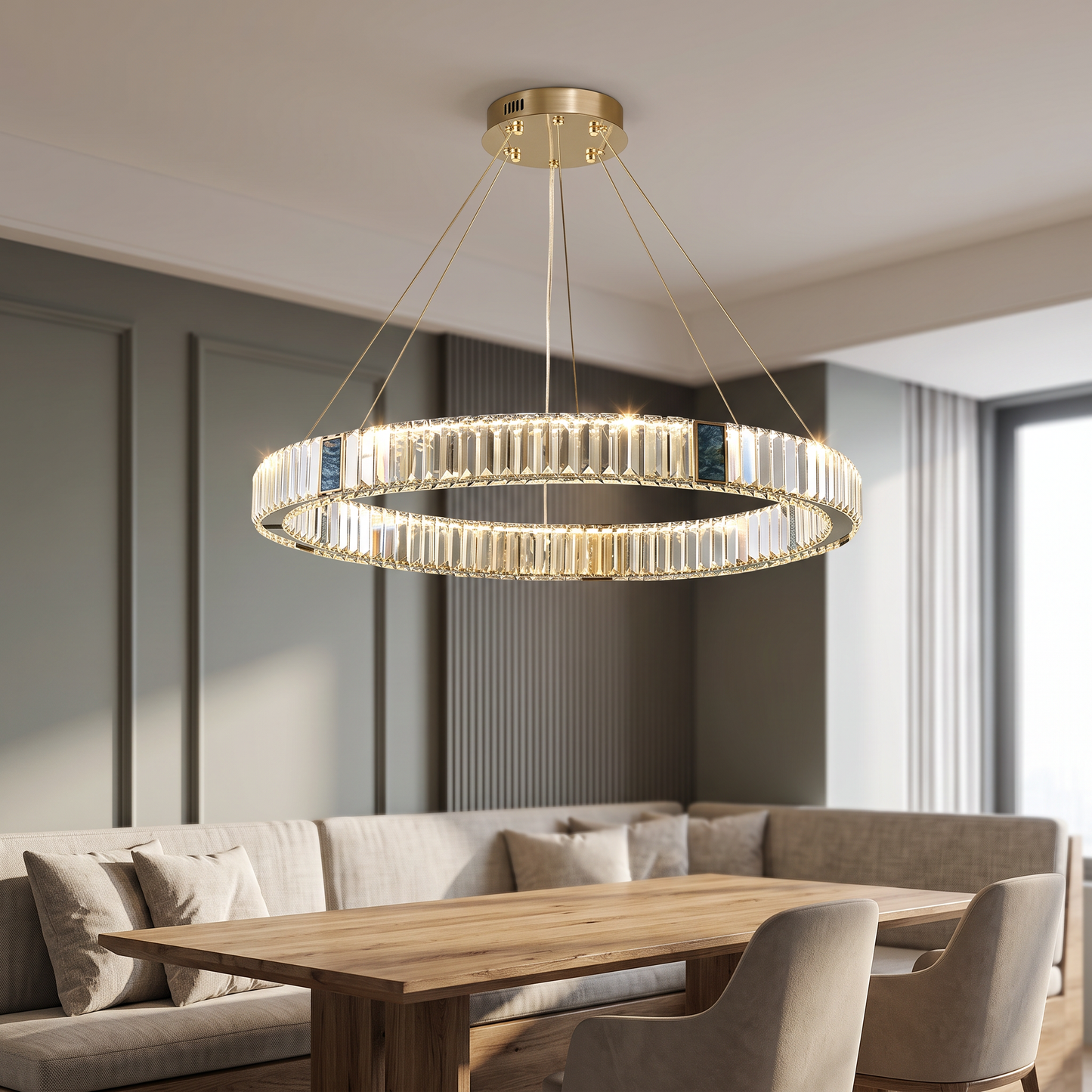 Style 3 chandelier lit above a contemporary dining nook
