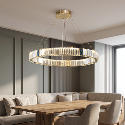 Style 3 chandelier lit above a contemporary dining nook