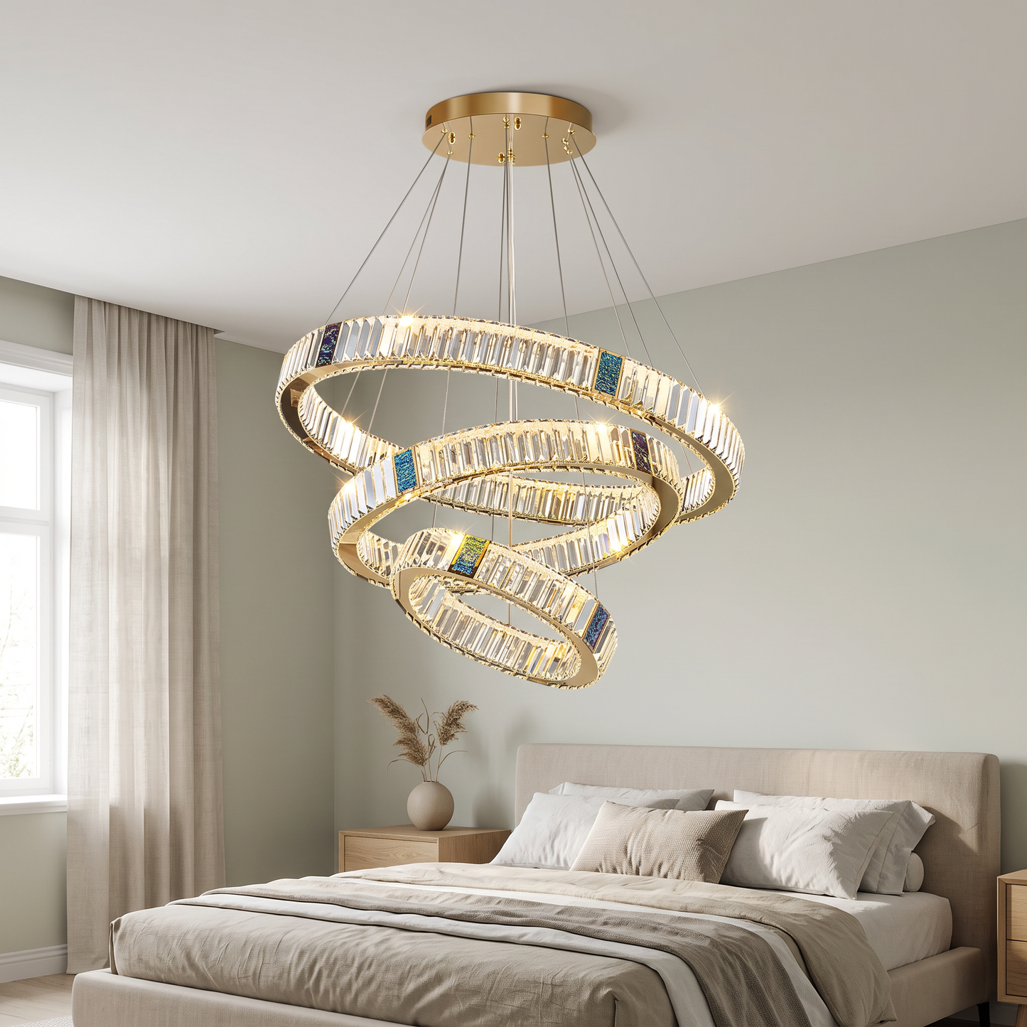 Luxury crystal chandelier in a serene modern bedroom