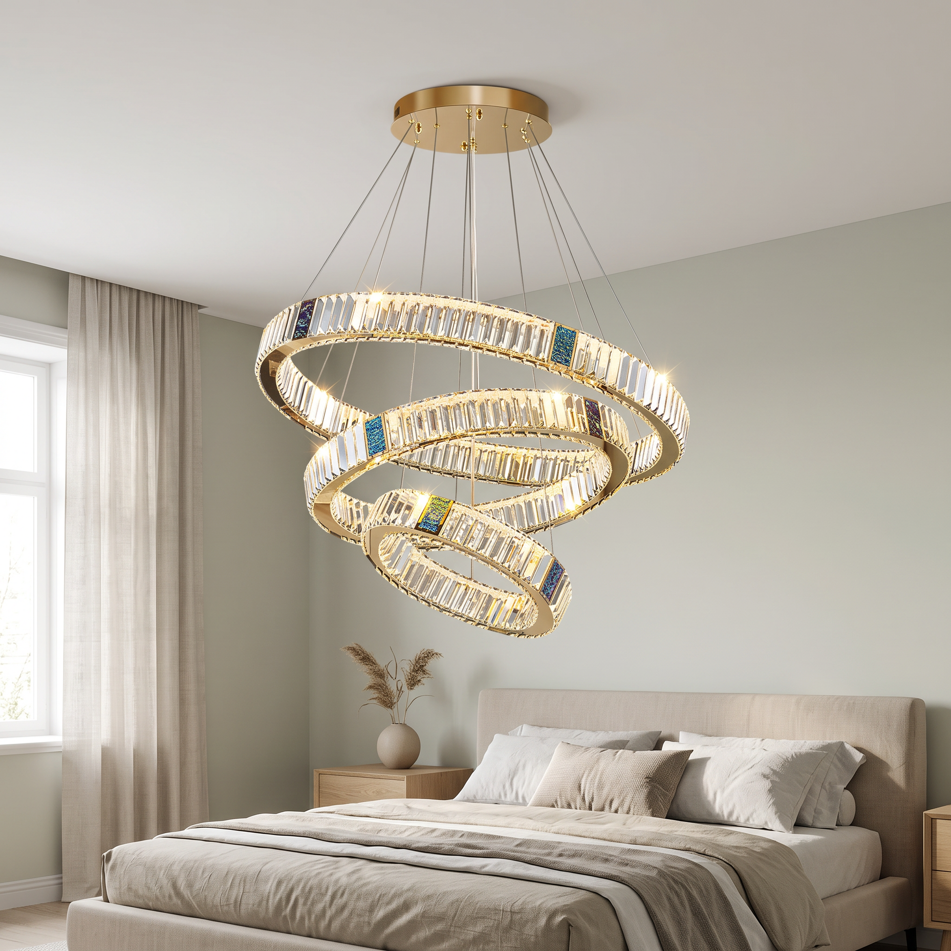 Luxury crystal chandelier in a serene modern bedroom
